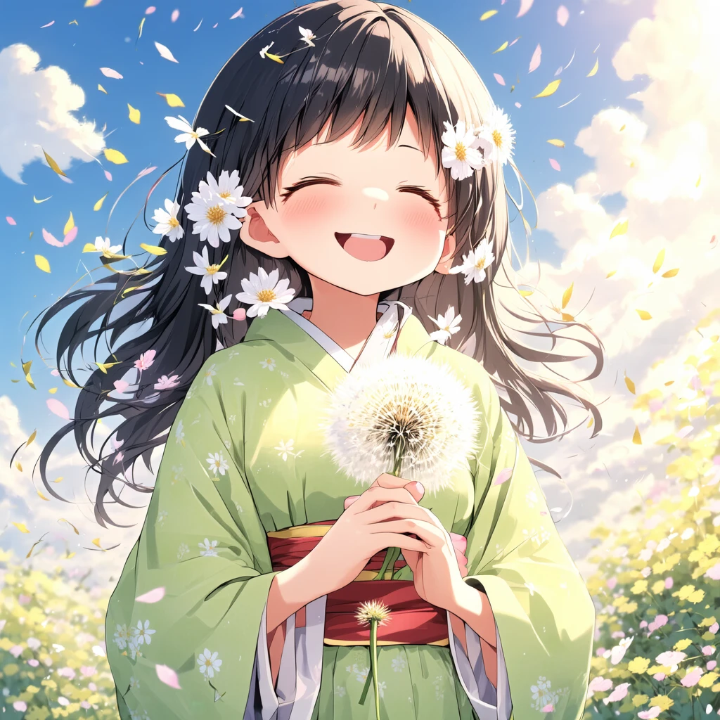 cute style,A beautiful anime-style girl with dark, flowing hair adorned with small flowers, wearing a traditional light green kimono with floral patterns. She is joyfully holding a dandelion puff and smiling with her eyes closed, basking in the warm, golden sunlight. The background is a dreamy sky with soft, fluffy clouds and flying petals, creating a sense of happiness and freedom.