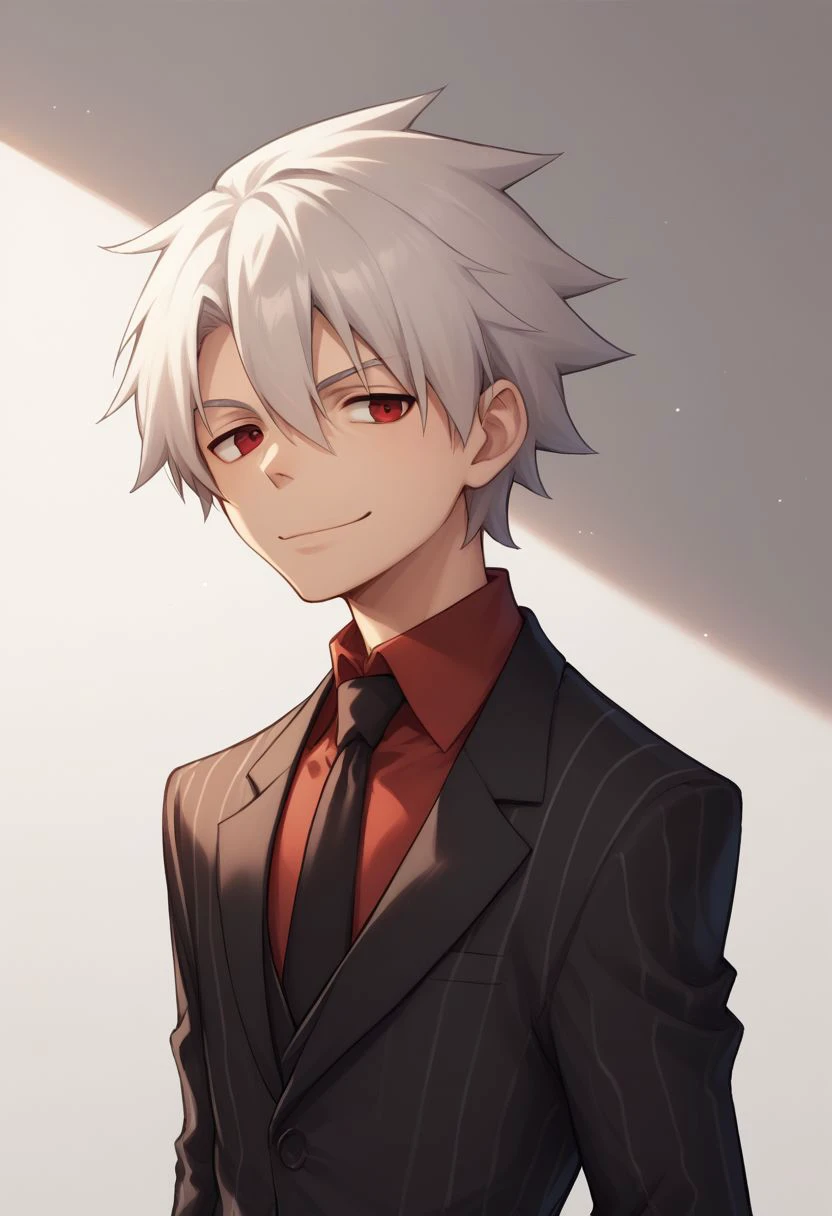 score_9, score_8_up, score_7_up, source_anime, highly detailed, skinny,
soul, 1boy, solo, male focus, formal, suit, black suit, necktie, smile, closed mouth, red eyes, white hair, red shirt, collared shirt,
indoor, dark, obscurity,