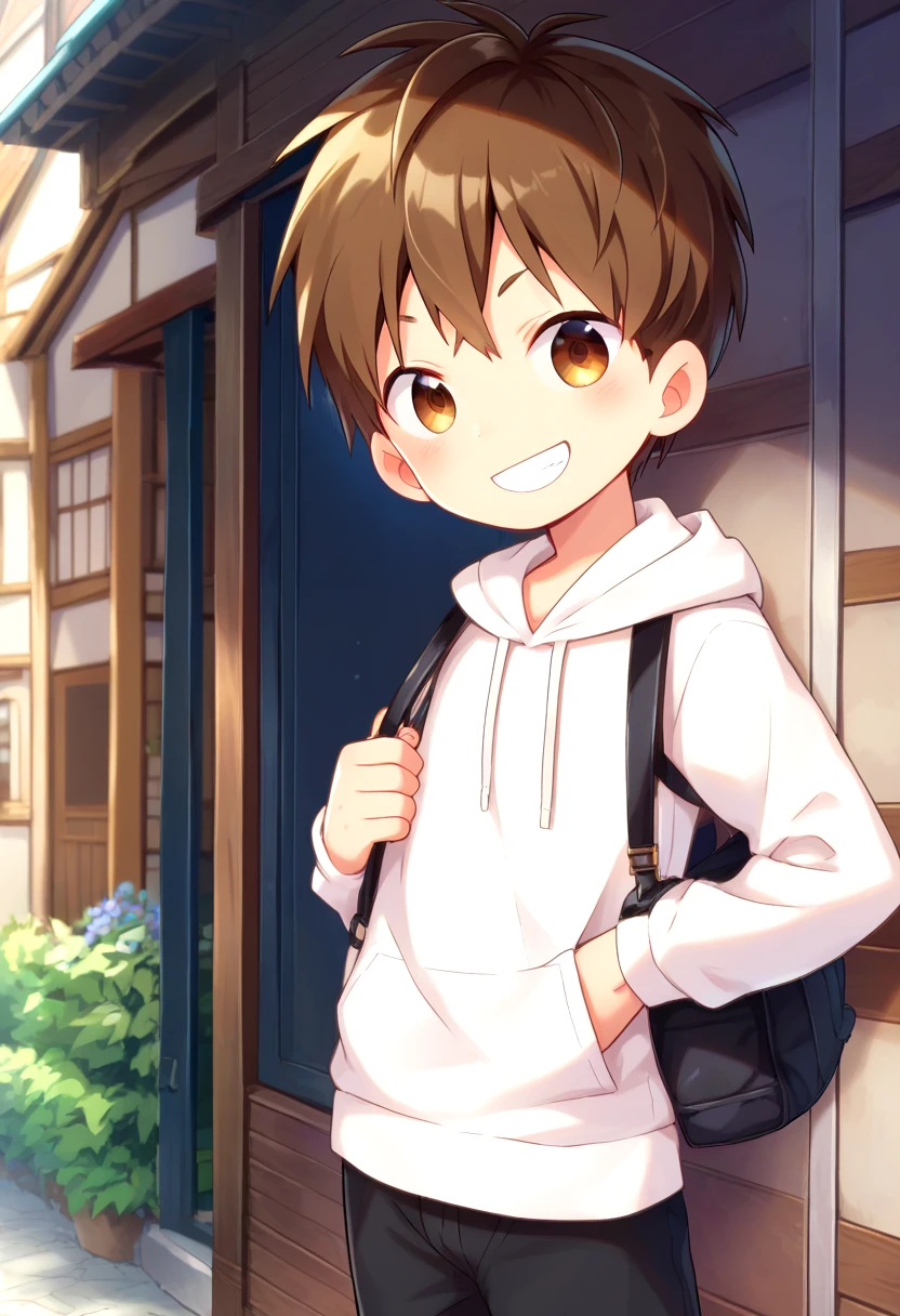 score_9, score_8_up, score_7_up, detailed eyes, village, BREAK
straight on shot, standing,
<lora:cutifiedanimecharacterdesign_variant_type_F_PonyXL_v20:1> 1boy, type-f, chestnut brown hair, chestnut  brown eyes,   petite, young, solo, anime  style, manga style, drawn style, white hoodie,randoseru, aged down, black gakuran above hoodie,
grin