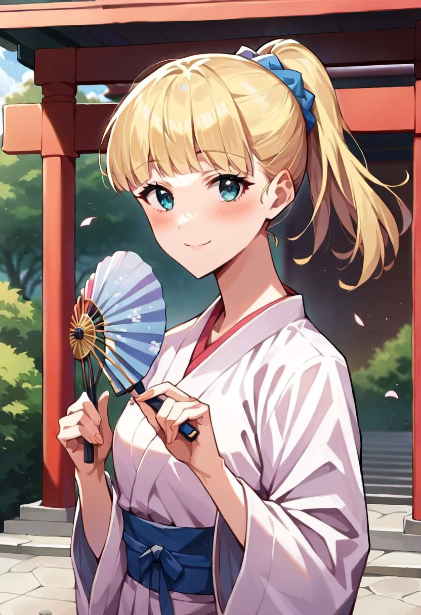 score_9, score_8_up, score_7_up, source_safe, source_anime, teresa wagner, 1girl, solo, blonde hair, bangs, ponytail, blue scrunchie, pink yukata, smile, blush, holding fan, rainbow fan, looking at viewer, middle shot, japanese shrine, sanctuary