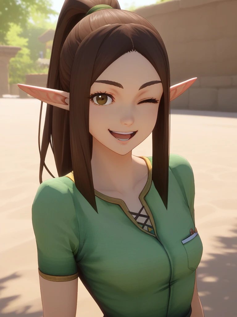 <lora:MnM Woodelf Druid - PDXL:1.5> source_cartoon, score_9, low_poly, mnm, woodelf, female, pointy ears, dark brown hair, ponytail, standing, brown eyes, small breasts, pointy breasts, green tunic, green pants, portrait, close up on upper body, looking at viewer, smiling, mouth open, winking,, source_cartoon, score_9, score_8_up, score_7_up,