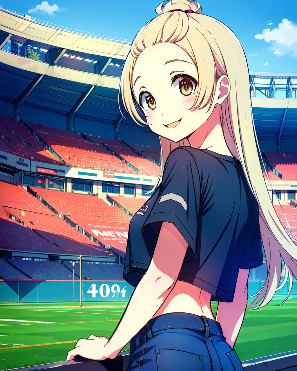 masterpiece, high quality, mgrcazumihagumu, 1girl, upper body, medium shot, looking at viewer, yellow eyes, blonde hair, red hairpin, black t-shirt, blue jeans, outdoors, stadium, day, smiling, detailed, <lora:mgrcazumihagumu:0.8>