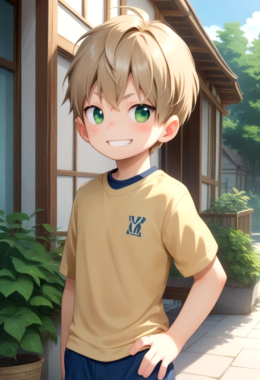 score_9, score_8_up, score_7_up, detailed eyes, village, BREAK
looking to the side, standing, head tilted,
<lora:cutifiedanimecharacterdesign_variant_type_F_PonyXL_v20:1> 1boy, type-f, light brown  hair,  light green eyes,  petite, young, solo, brown sweater,  aged down,
grin