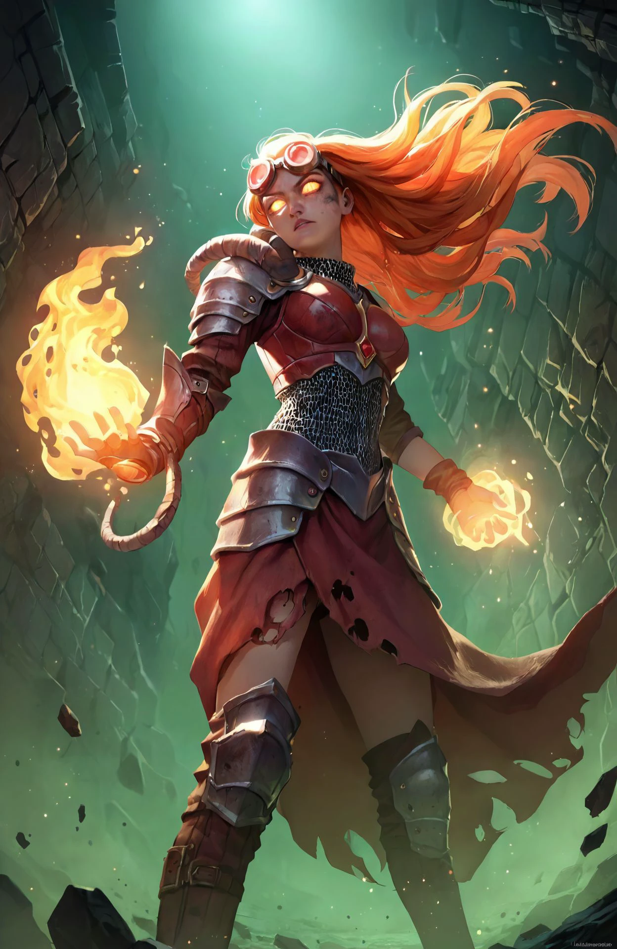 <lora:chandra_pny-9:0.8> 1girl, long hair, orange hair, glowing eyes, goggles on head, from below, fire magic, light particles, armor, indoors, sewer, dirty water, dark environment, green theme, source_cartoon, source_anime, photoshop \(medium\),, score_9, score_8_up, score_7_up, score_6_up, score_5_up, score_4_up, ponypositive,, (masterpiece, perfectly detailed, detailed face, detailed eyes, beautiful eyes), (ultra HD quality details), 8K, extremely detailed, highres