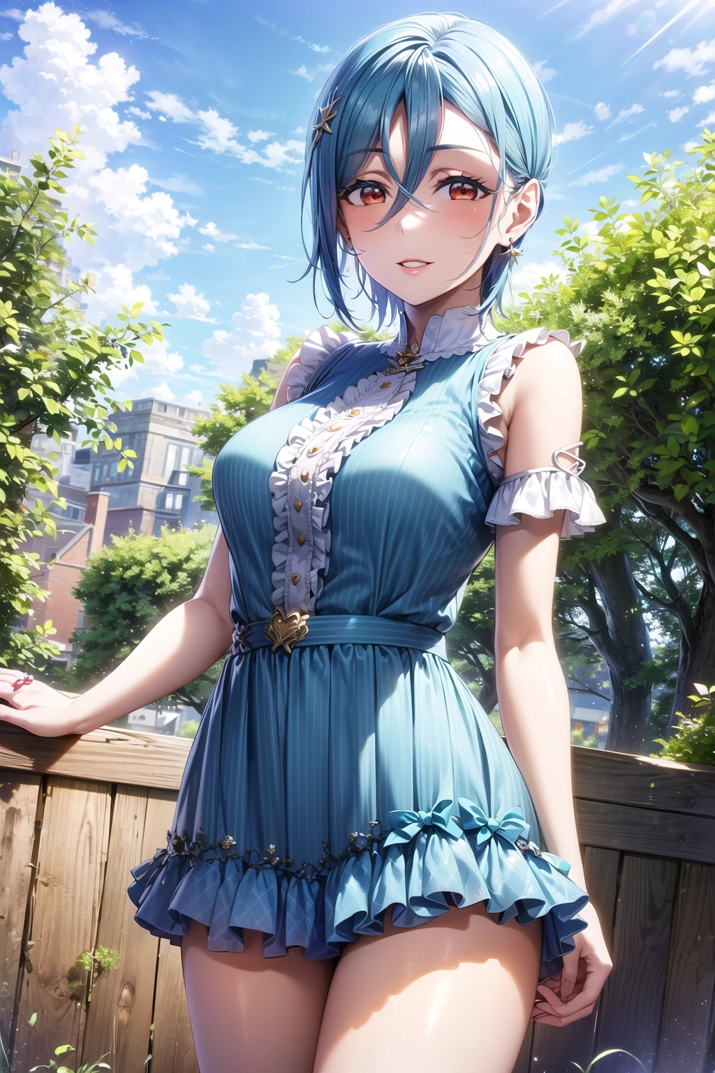 <lora:apstyle2:0.75> apstyle3 apstyle masterpiece best quality detailed eyes masterpiece best quality
1girl, wakana shiki, short hair, blue hair, hair between eyes, jewelry, earrings, bangs, red eyes, <lora:shiki:0.7>, medium breasts, cowboy shot, standing, seductive smile, solo
dress, frills, frilled dress, short sleeves
(outdoors, greenery, sky:1.1) cowboy shot, light smile, standing, parted lips,
<lora:detail_slider_v4:0.5> <lora:more_details:0.3> ah1 <lora:1651489307798708599:0.2>, <lora:GoodHands-vanilla:1>