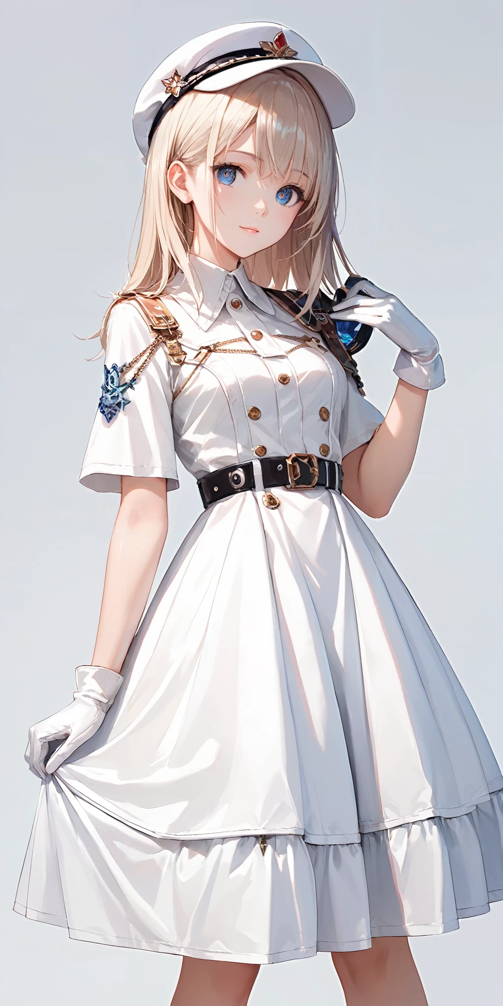 score_9, score_8_up, score_7_up,source_anime, high res image,masterpiece,best quality,girl,cute face,clear skin,shiny hair,ultra detailed eyes,simple background, <lora:military uniform_pony_V1.0:0.6> jyojifuku,m dress,white hat, belt,gloves,white dress
