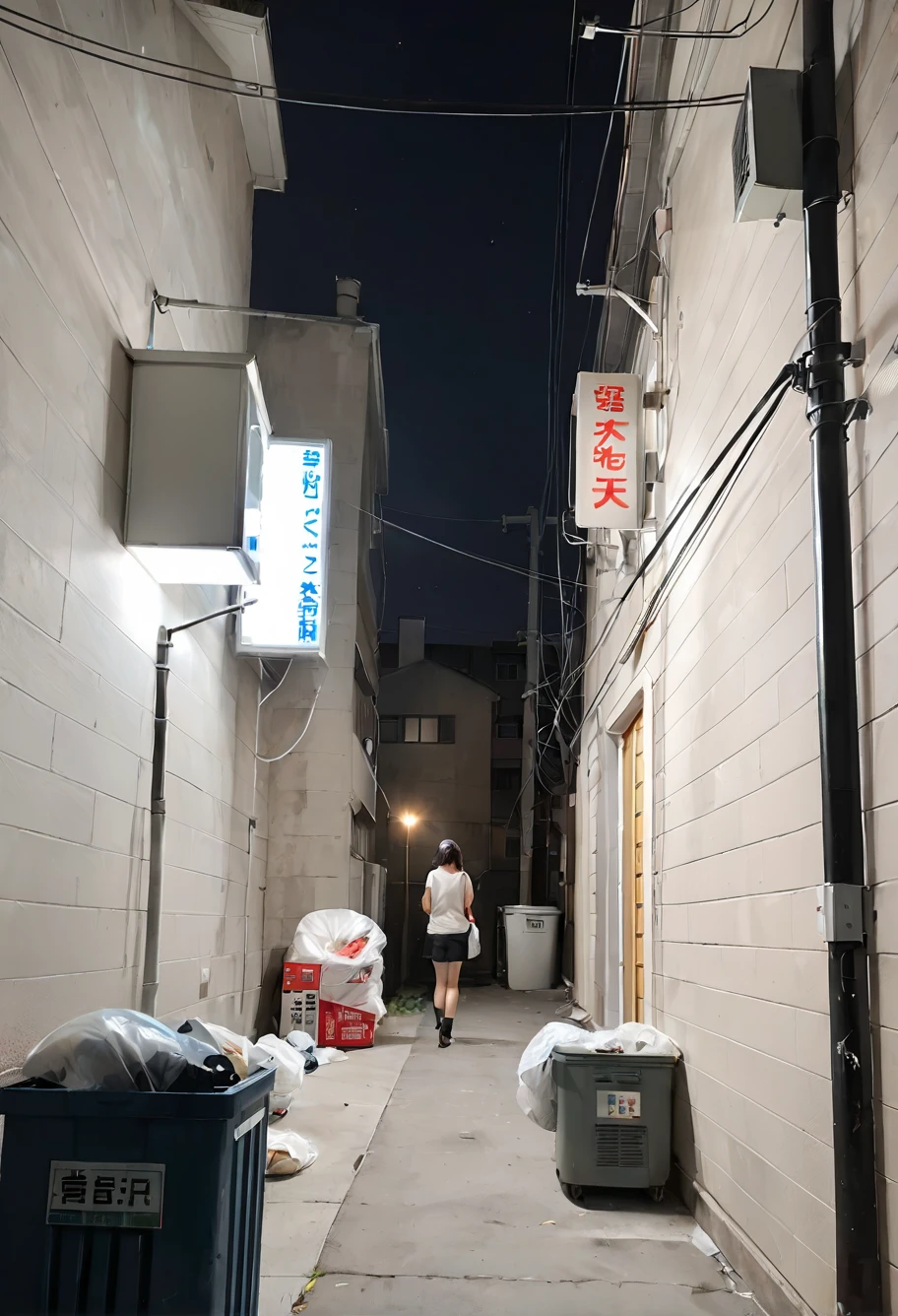 score_9,score_8_up,score_7_up,8k,hd,,ruanyi0675,no humans,power lines,industrial pipe,air conditioner,alley,brick wall,cable,crosswalk,utility pole,vanishing point,night,dark,midd night,dim lighting,moonlight,vending machine,trash can,trash bag,horror \(theme\),<lora:0675 Messy urban village_v1_pony:1>