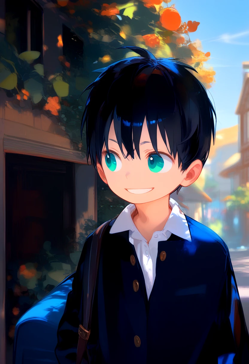 score_9, score_8_up, score_7_up, detailed eyes, village, BREAK
looking to the side, standing, head tilted,
<lora:cutifiedanimecharacterdesign_variant_type_F_PonyXL_v20:1> 1boy, type-f, black  hair,   teal eyes,   petite, young, solo, black school uniform,   aged down,
grin