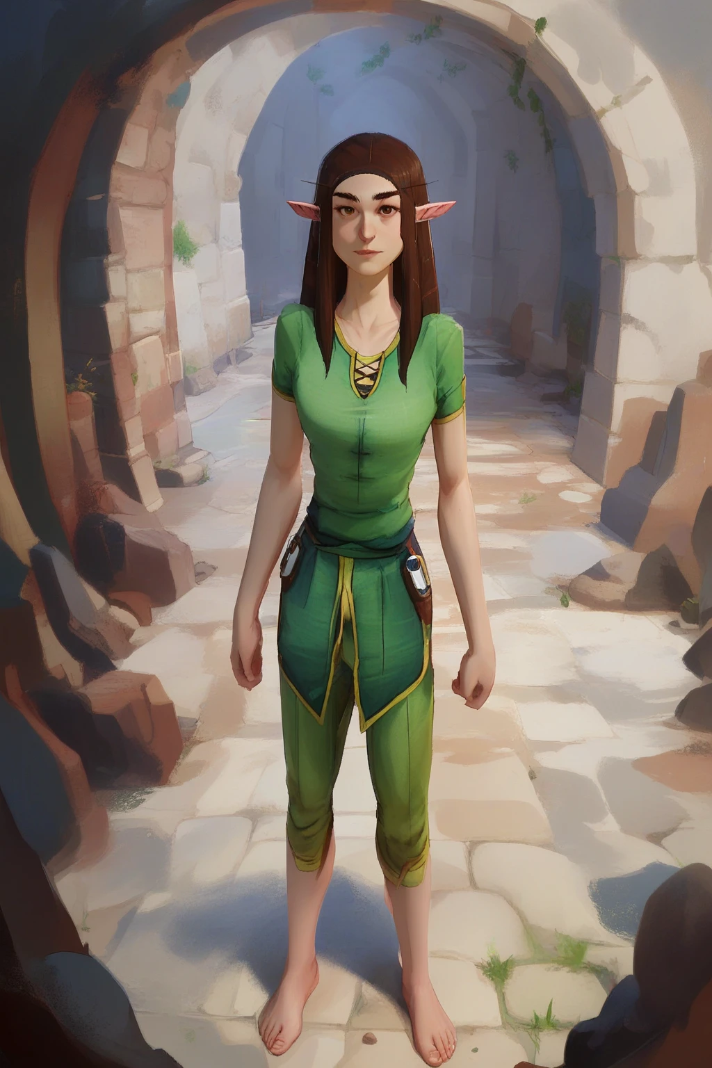 <lora:MnM Woodelf Druid - PDXL:1.5>source_cartoon, score_9, low_poly, upper body, mnm, woodelf, female, pointy ears, dark brown hair, standing, brown eyes, small breasts, pointy breasts, green tunic, green pants, portrait,  facial details, looking at viewer, bare feet, full body, posing for a picture,, source_cartoon, score_9, score_8_up, score_7_up,, <lora:By Baygel PDXL - V1-step00008040:1.0> by_baygel, score_9,