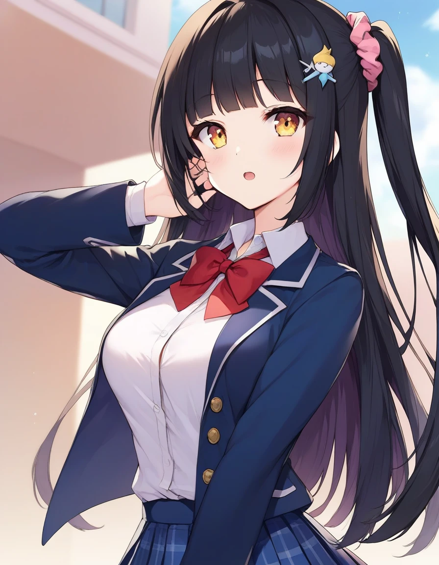 score_9,score_8_up,score_7_up,score_6_up BREAK official art,solo,outdoors,upper body,(portrait:1.5),looking at viewer,facing viewer,Tomori Ayana,very long hair,black hair,one side up,hair ornament,hair scrunchie,pink scrunchie,blunt bangs,yellow eyes,school uniform,blue jacket,blazer,red bowtie,white shirt,collared shirt,long sleeves,medium breasts,skindentation,miniskirt,blue skirt,pleated skirt,plaid skirt,zettai ryouiki,white thighhighs,loafers,<lora:Tomori Ayana(mf)-Pony:1.2>,<lora:Smooth Anime Style LoRA XL:0.8>,