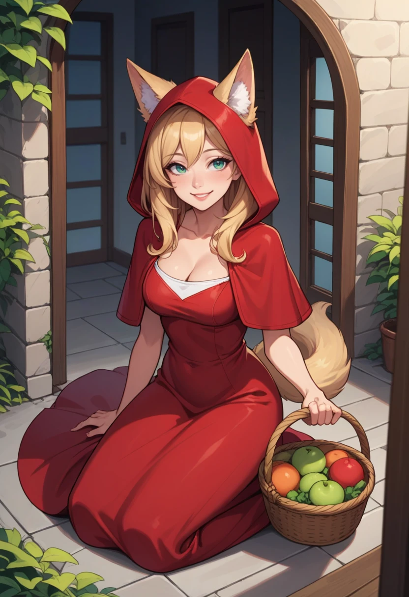 score_9, score_8_up, score_7_up, score_6_up, mature female, solo, source_anime, dr3ss, red dress, long dress, smile, blonde wolf ears, cottage, profile, standing, (wolf tail), holding basket, (capelet), hood, form-fitting, collarbone, cleavage <lora:ERRRH-60-PDXL:0.8> bedroom, kneeling