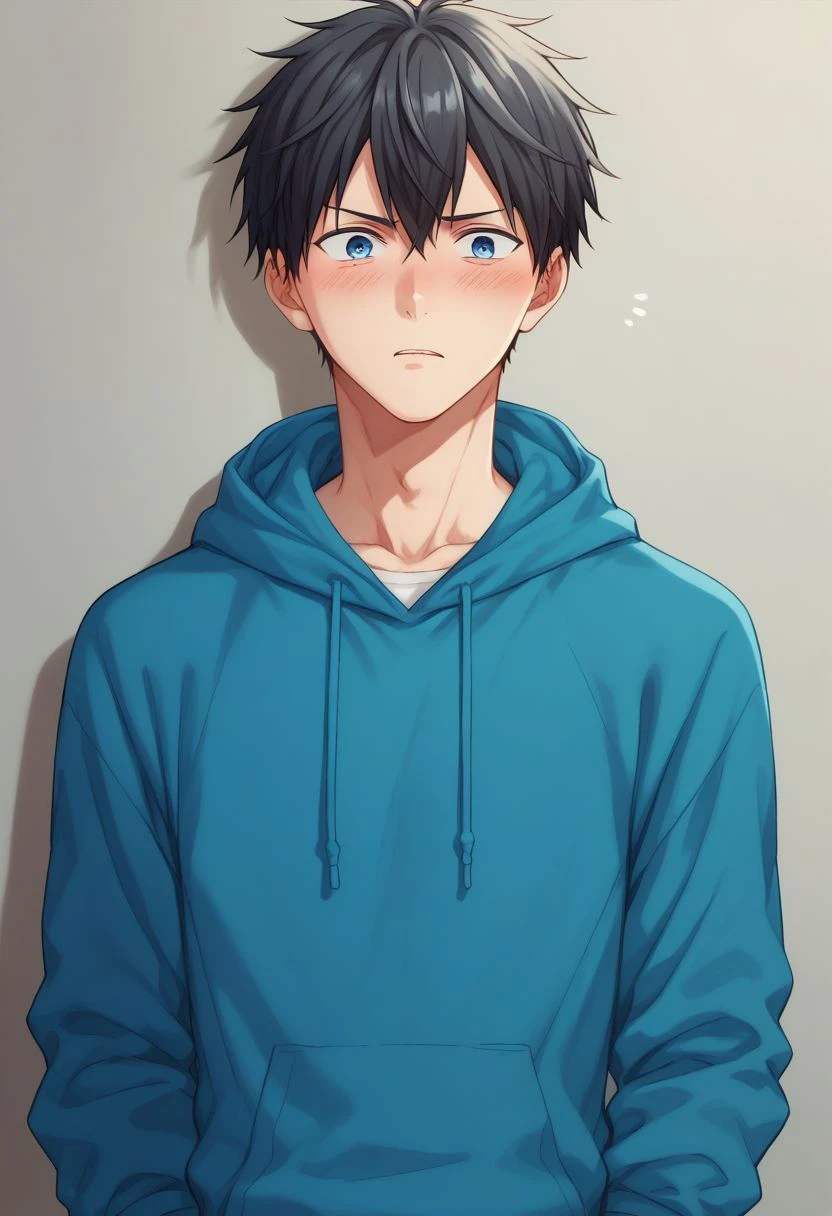 score_9, score_8_up, score_7_up, source_anime, highly detailed, skinny, short neck,
ueno, 1boy, male focus, solo, black hair, blue eyes, hoodie, hood, blush, embarassed, pants, upper body,
indoor,