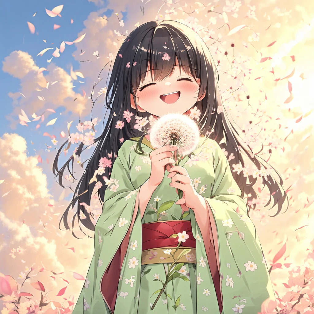 cute style,A beautiful anime-style girl with dark, flowing hair adorned with small flowers, wearing a traditional light green kimono with floral patterns. She is joyfully holding a dandelion puff and smiling with her eyes closed, basking in the warm, golden sunlight. The background is a dreamy sky with soft, fluffy clouds and flying petals, creating a sense of happiness and freedom.