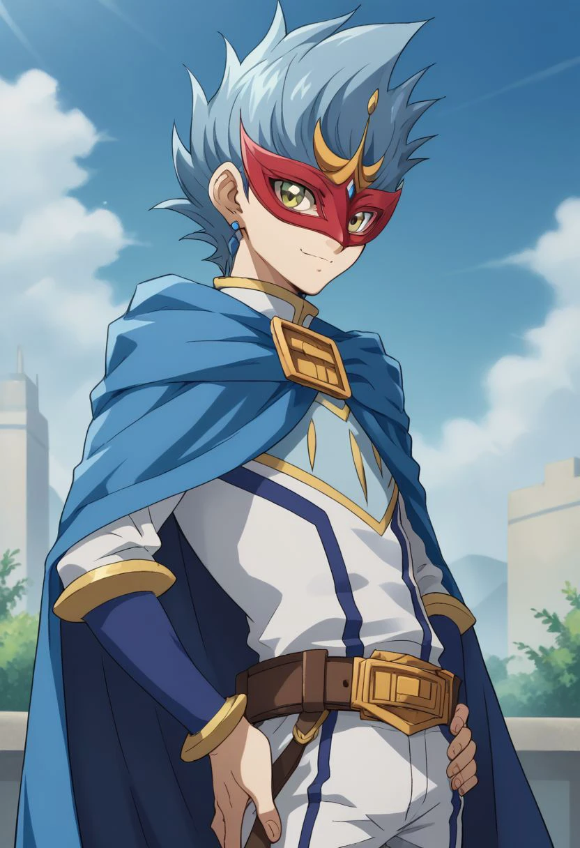 score_9, score_8_up, score_7_up, source_anime, highly detailed, 
nelson, solo, 1boy, male focus, smile, cape, mask, earrings, jewelry, looking at viewer,
spiked hair, blue hair, belt, closed mouth, eye mask, blue cape, green eyes,
hand on hip, short hair, upper body,
outdoor, sky,