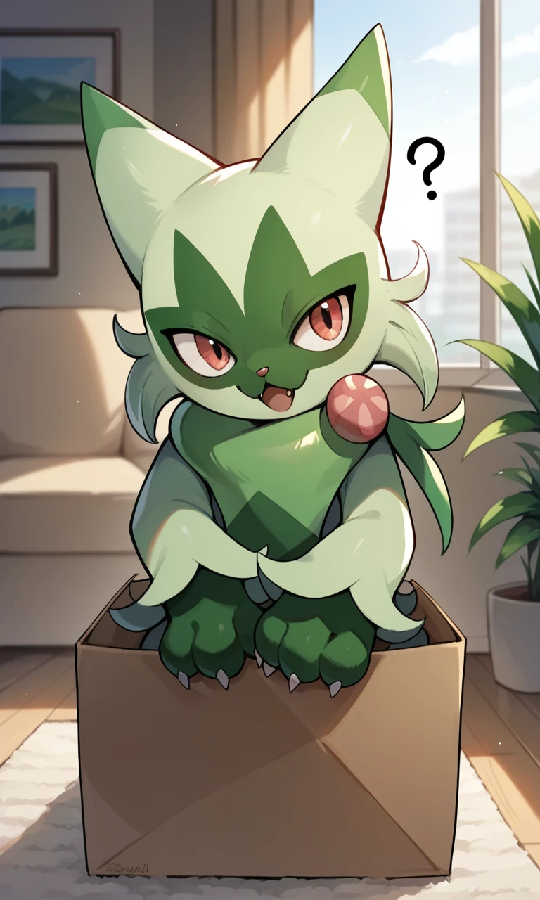 score_9,score_8_up,score_7_up, source_anime, source_furry, 1girl, solo, confident, happy, pokemon, outdoors, floragato, indoors, living room, box, sitting inside giant cardboard box, ?, head tilt, upper body