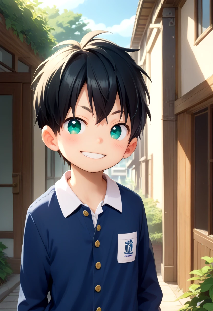 score_9, score_8_up, score_7_up, detailed eyes, village, BREAK
looking to the side, standing, head tilted,
<lora:cutifiedanimecharacterdesign_variant_type_F_PonyXL_v20:1> 1boy, type-f, black  hair,   teal eyes,   petite, young, solo, black school uniform,   aged down,
grin