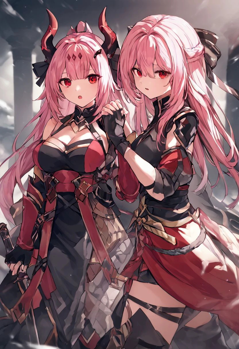 4K,high resolution,2 girls,pink hair,long hair,braid,green eyes,big breasts,Naga queen,白色のNaga queen服,removable arms,white samurai armor,full armor,Heavy armor,black fishnet stockings,decorative ornaments,large Japanese sword,Medieval Village,Show your breasts,large breasts,see nipples,