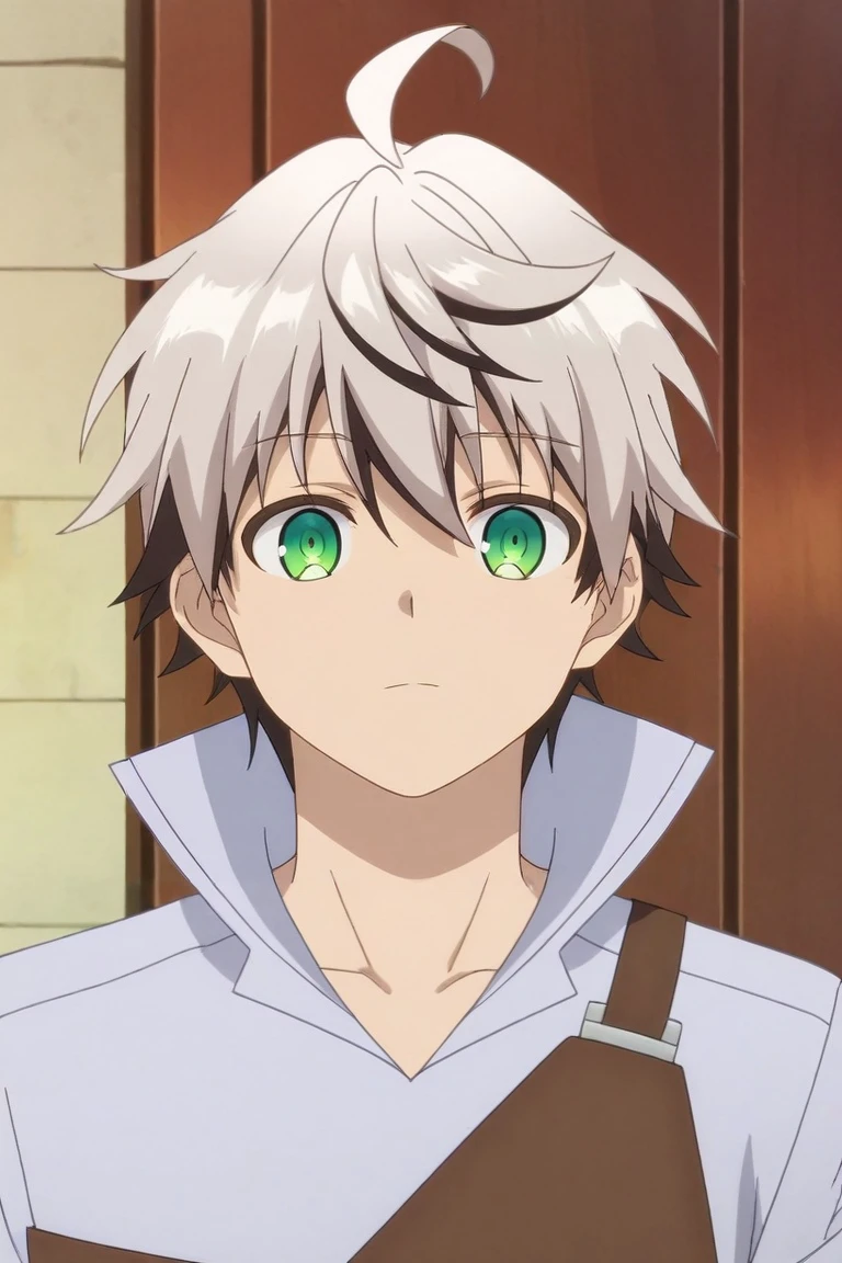 score_9, score_8_up, score_7_up, source_anime, rating_safe, , anime screencap, , , , , 1boy, solo, male focus, <lora:rein_shroud_pony:0.98>, rein_shroud, grey hair, green eyes, short hair, multicolored hair, two-tone hair, black hair, bangs, hair between eyes, ahoge, , , <lora:sdxl_lightning_8step_lora:1>