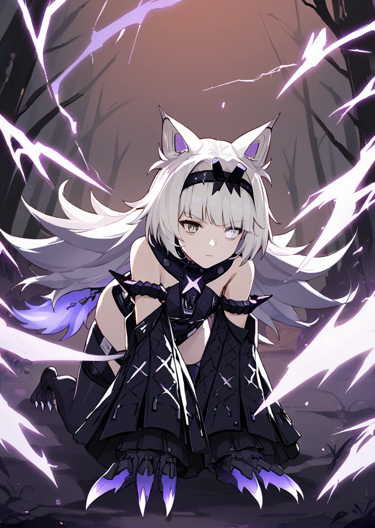 score_9, score_8_up, score_7_up, source_anime, 21feralscent, black leotard, spiked armlet, black sleeves, black collar, black hairband, black thighhighs, hip straps,
wolf ears, long hair, white hair, grey eyes, purple eyes, heterochromia, claws (weapon), purple lightning, all fours, feral pose, wolf tail, subsurface scattering
BREAK grey forest
<lora:feralscent-step00001600:1>