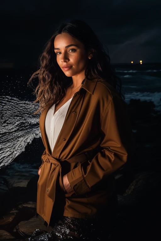 DEN_ariane_arianehu,
(portrait of a lighthouse keeper (walking on the rocks:1.2) on a dark (stormy night:1.2) wearing a yellow raincoat in the wind, (waves crashing:1.2) into the rocks, (storm:1.2), (wind swept:1.2), (gale:1.1), (tsunami:1.1), lighthouse, (night time:1.2), (wet rocks, rocks, rocky:1.2), (splashing waves:1.2), waves, (ocean spray:1.2), (lighthouse:1.1):1.2), bokeh, f1.4, 40mm, photorealistic, raw, 8k, textured skin, skin pores, intricate details <lora:epi_noiseoffset2:1>, epiCRealism <lora:ClothingAdjuster3:-1>