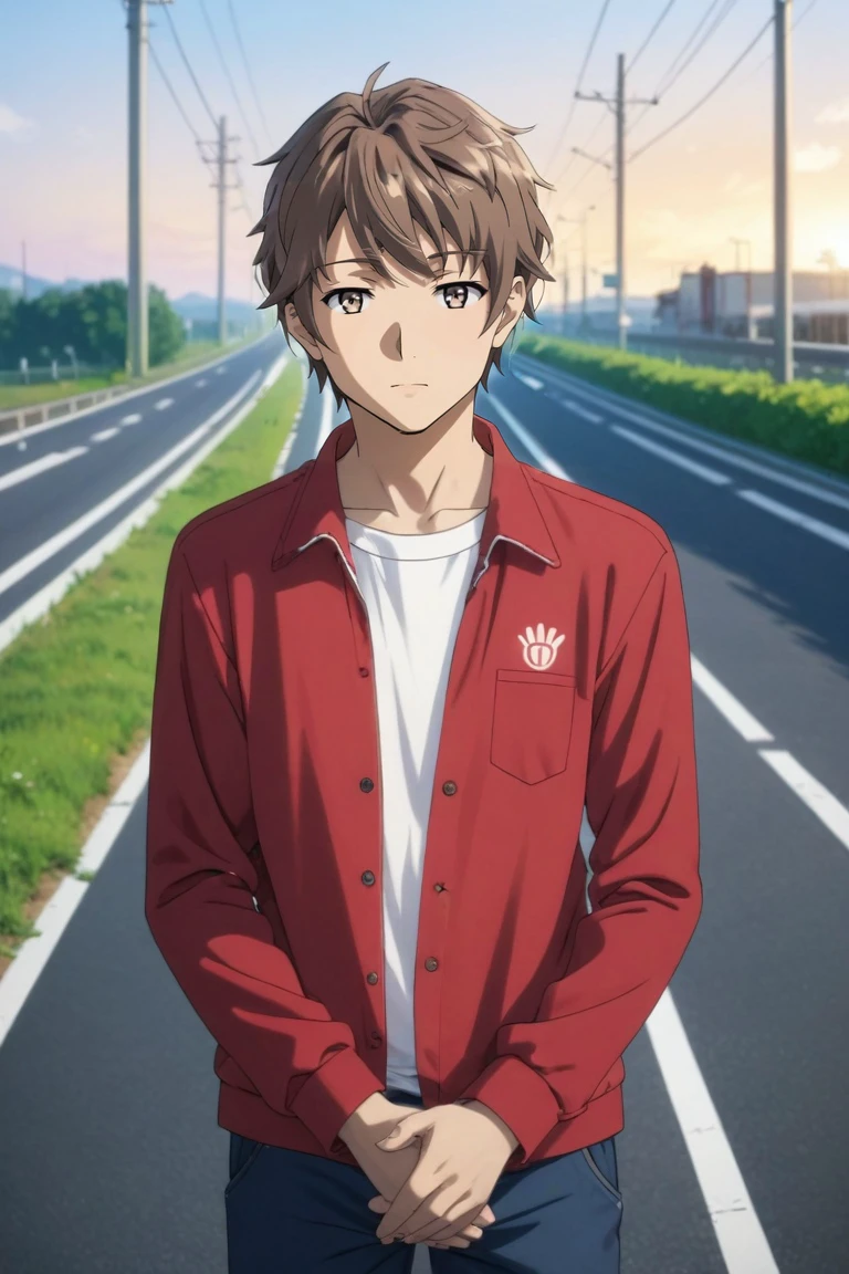 score_9, score_8_up, score_7_up, source_anime, rating_safe, , (photorealistic:0.6), , depth of field, 1boy, solo, male focus, <lora:sakuta_azusagawa_pony:0.94>, sakuta_azusagawa, brown hair, brown eyes, short hair, wide angle, wide shot, cowboy shot, highway, dawn, own hands together, :D, , <lora:sdxl_lightning_8step_lora:1>