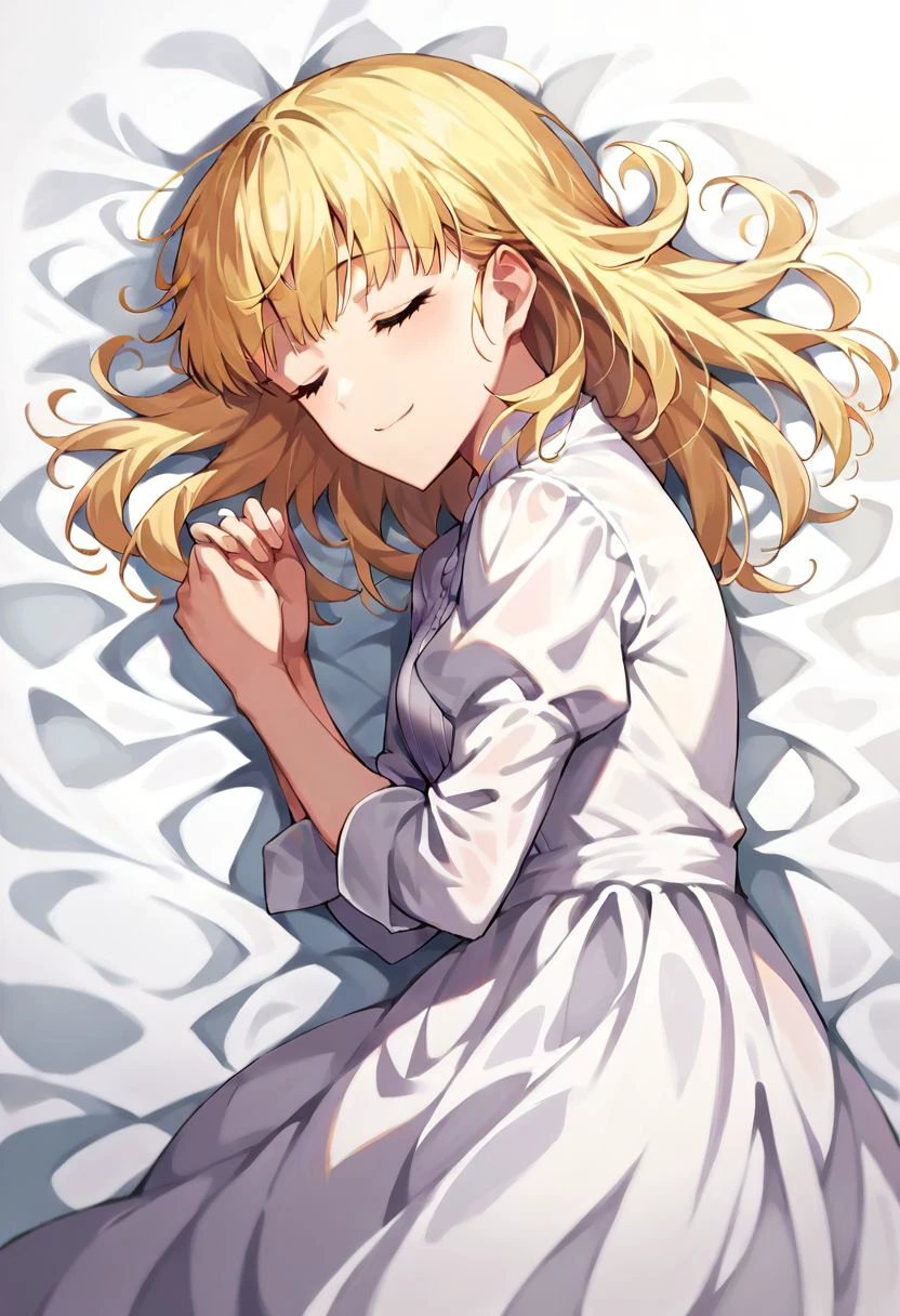 score_9, score_8_up, score_7_up, source_safe, source_anime, teresa wagner, 1girl, solo, blonde hair, bangs, loose hair, medium hair, white gown, sleepwear, closed eyes, sleeping, laying down, royal bed, smile, cowboy shot, white background