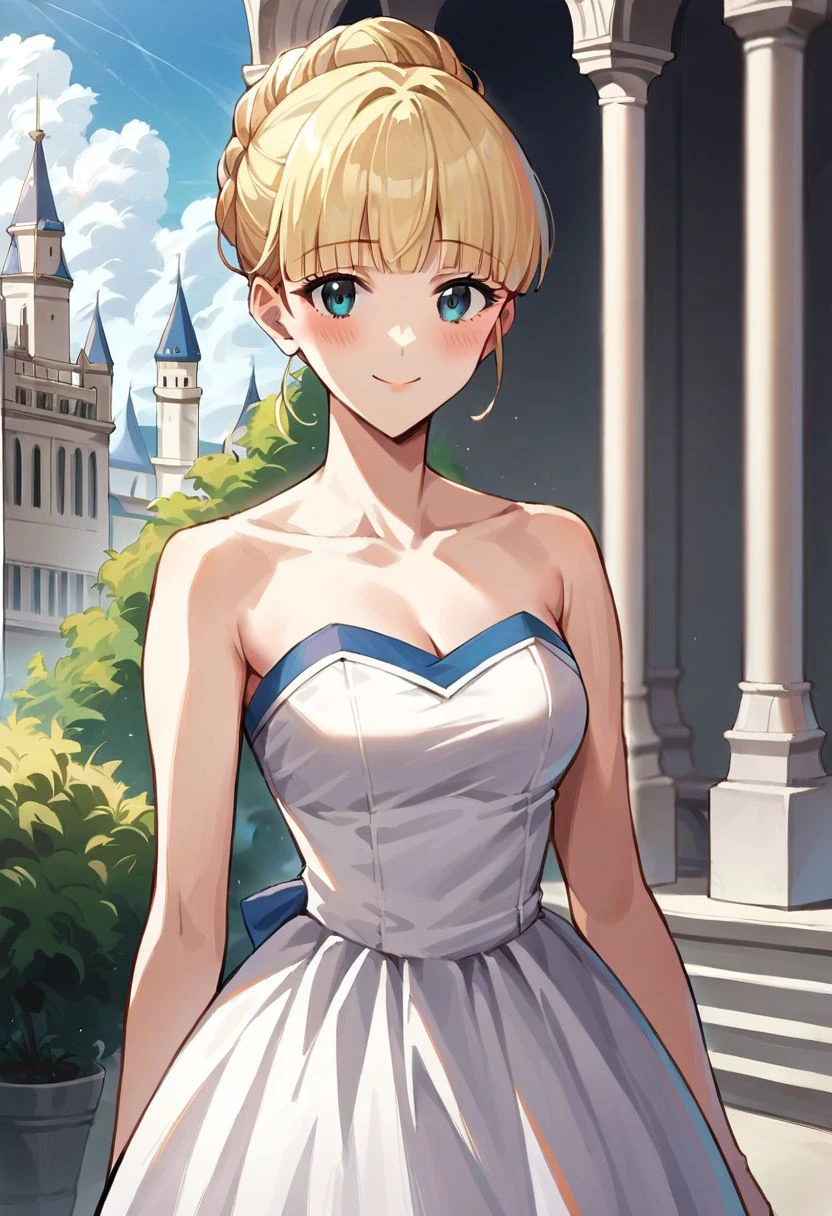 score_9, score_8_up, score_7_up, source_safe, source_anime, teresa wagner, 1girl, solo, blonde hair, bangs, hair bun, strapless dress, princess dress, smile, blush, make-up, looking at viewer, cowboy shot, palace