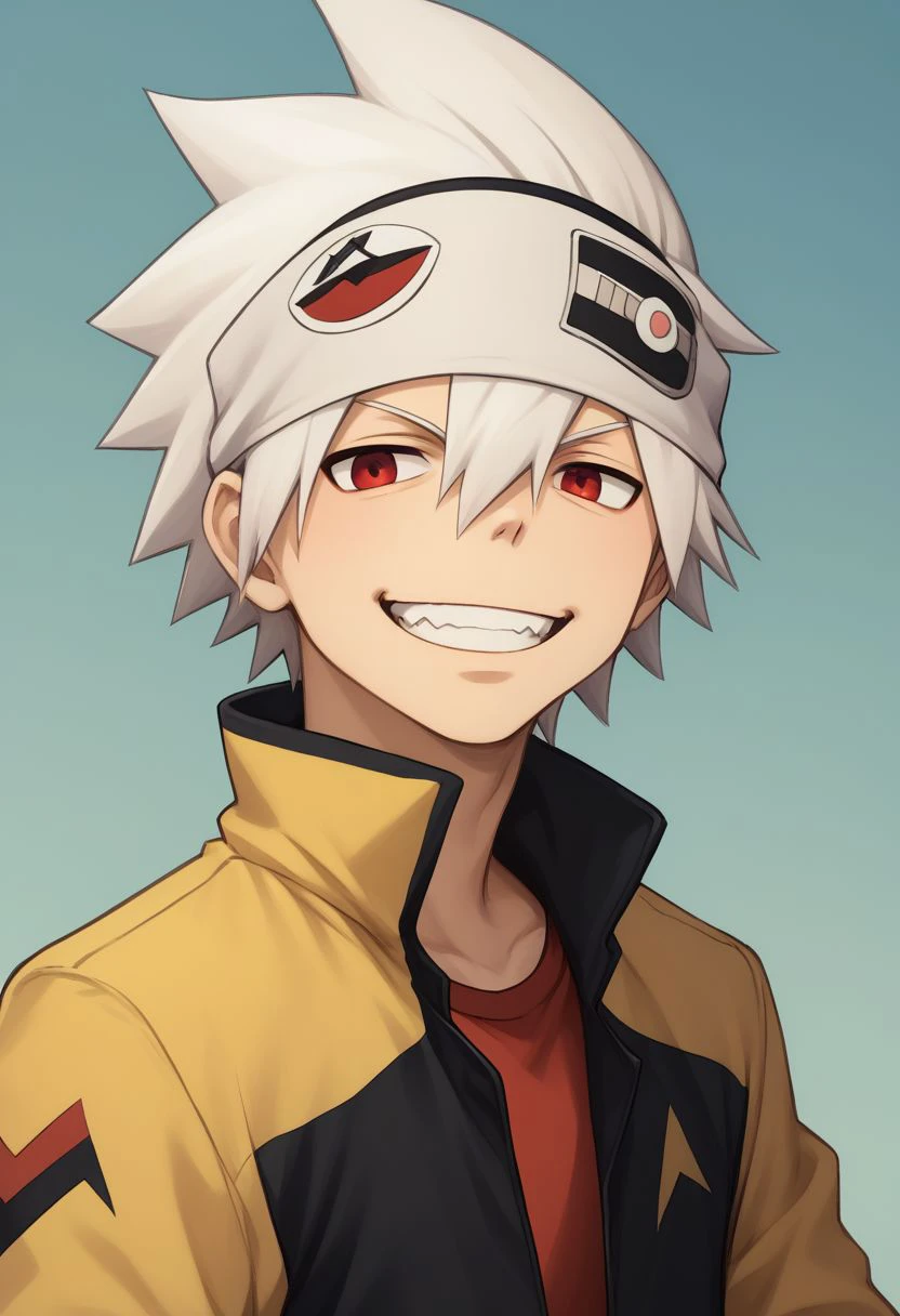 score_9, score_8_up, score_7_up, source_anime, highly detailed, skinny,
soul, 1boy, solo, male focus, jacket, black jacket, yellow jacket, two-colours jacket, red eyes, smile, teeth, sharp pants, white hair, spiked hair, headband, hair between eyes, long sleeves, red pants, upper body,
outdoor,