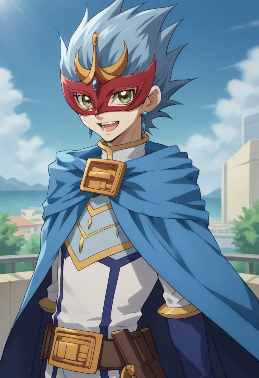 score_9, score_8_up, score_7_up, source_anime, highly detailed, 
nelson, solo, 1boy, male focus, smile, cape, mask, earrings, jewelry, looking at viewer, spiked hair, blue hair, belt, open mouth, eye mask, blue cape, green eyes, short hair, upper body, 
outdoor, sky,