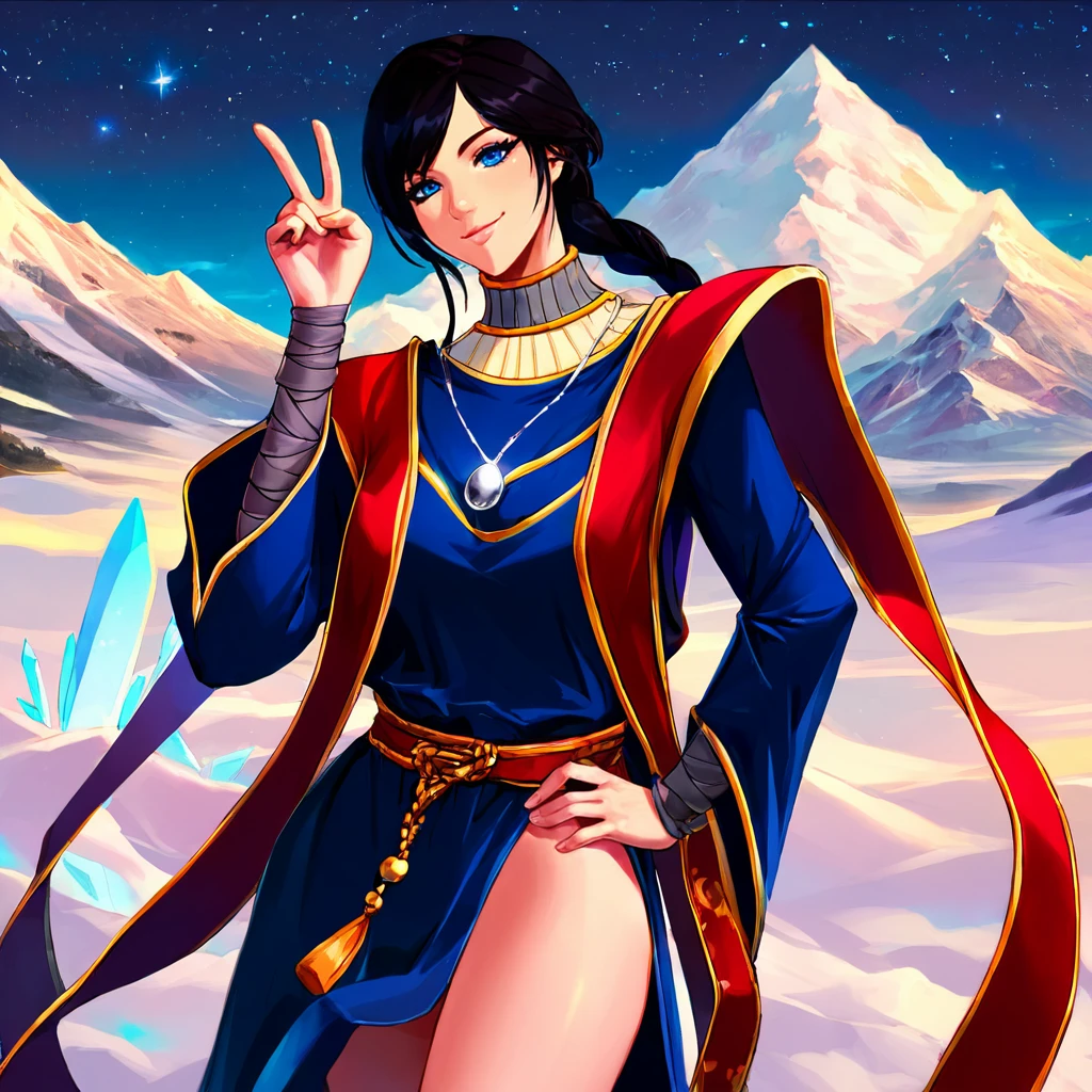 1girl,solo,cowboy shot,<lora:Sellen-000012:1>,sorceress sellen,magician robes,bandaged foot,blue eyes,black hair,braid,necklace,
looking at viewer,smile,closed mouth,hands up,v,hand on own hip,thighs,standing,outdoors,mountain,mountain top,mountainous horizon,night,night sky,star \(sky\),crystal,<lora:StS_detail_slider_v1:2>,, score_9, score_8_up, score_7_up, perfect anatomy, source_anime,