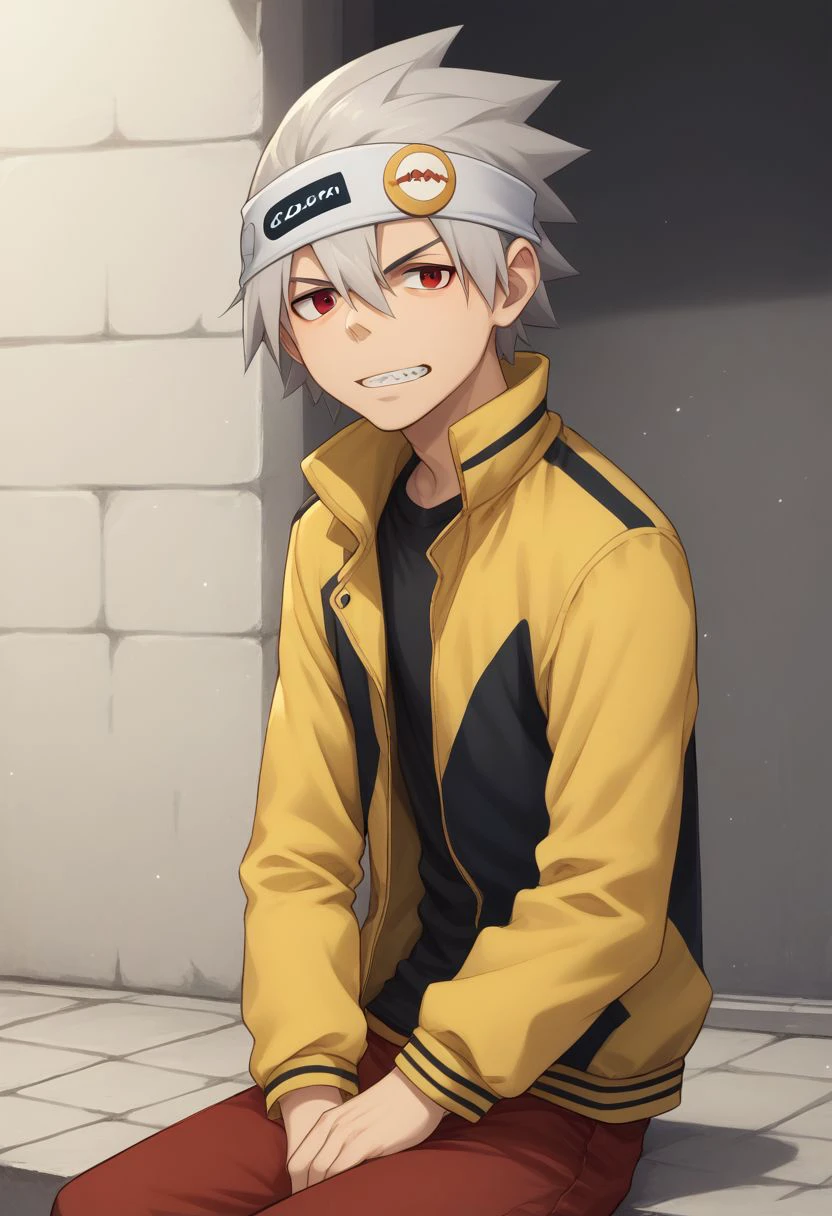 score_9, score_8_up, score_7_up, source_anime, highly detailed, skinny,
soul, 1boy, solo, male focus, jacket, black jacket, yellow jacket, two-colours jacket, red eyes, teeth, pants, grey hair, headband, hair between eyes, long sleeves, red pants, upper body,
outdoor, sit,