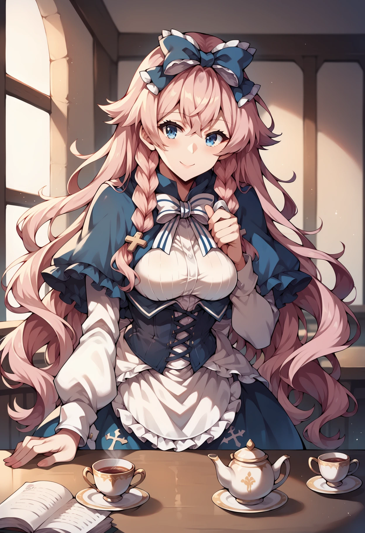 score_9, score_8_up, score_7_up, score_6_up, score_5_up, score_4_up, source_anime BREAK <lora:Harpae-v1:1> 1girl, harpae, hair bow, blue eyes, very long hair, wavy hair, pink hair, braids, blue capelet, bowtie, shirt, white sleeves, blue corset, skirt, apron, white pantyhose
teapot, teacup, bent over, serving tea, table, standing, soft smile, closed mouth, square table