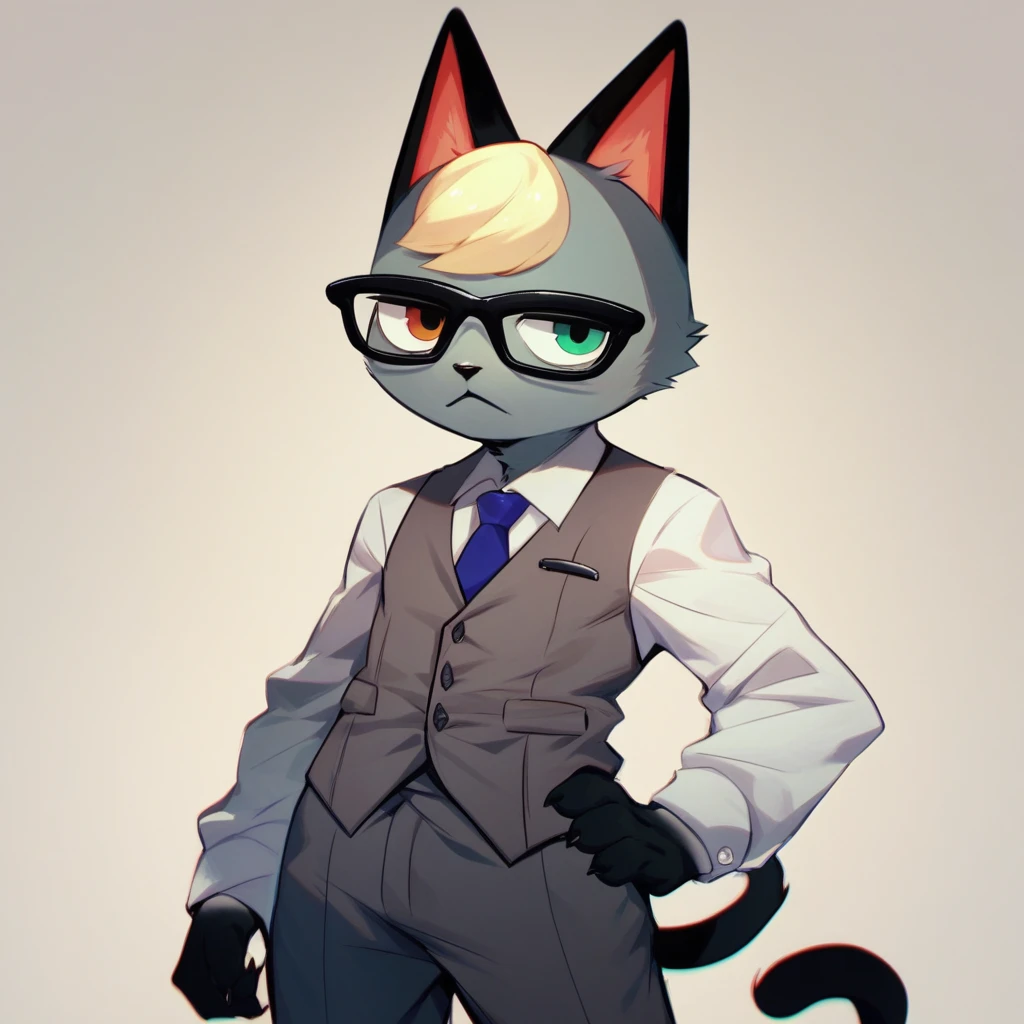 score_9, score_8_up, score_7_up, raymond (animal crossing), grey fur, glasses, heterochromia, blonde hair, cat, furry male, 1boy, solo, suit, hand on hip, neutral expression