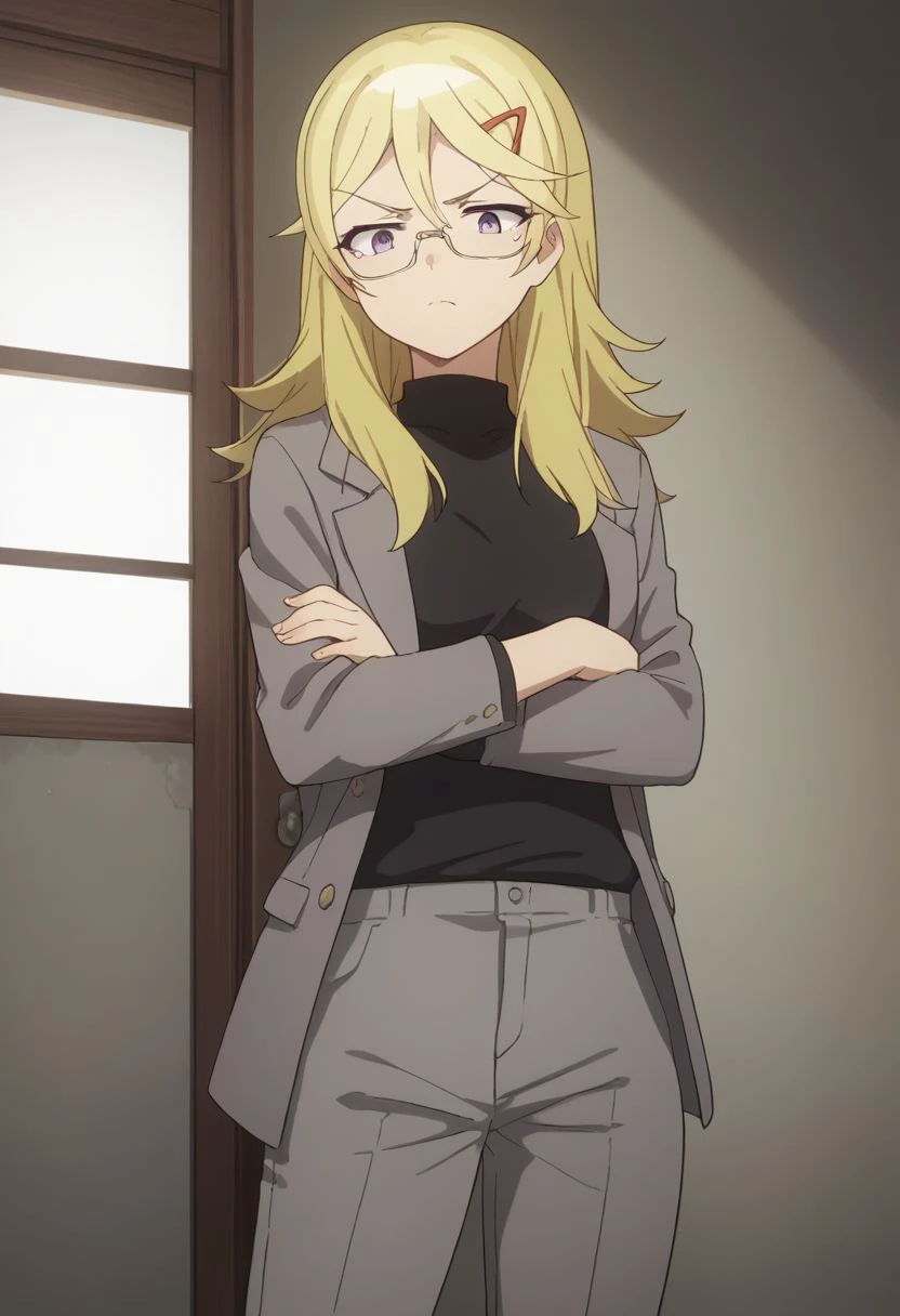 score_9, score_8_up, score_7_up, source_anime, highly detailed, 
landlord, 1girl, blonde hair, glasses, solo, crossed arms, hair ornament, long hair, hairclip, purple eyes, grey jacket, black shirt, grey pants, anger vein,
indoor,