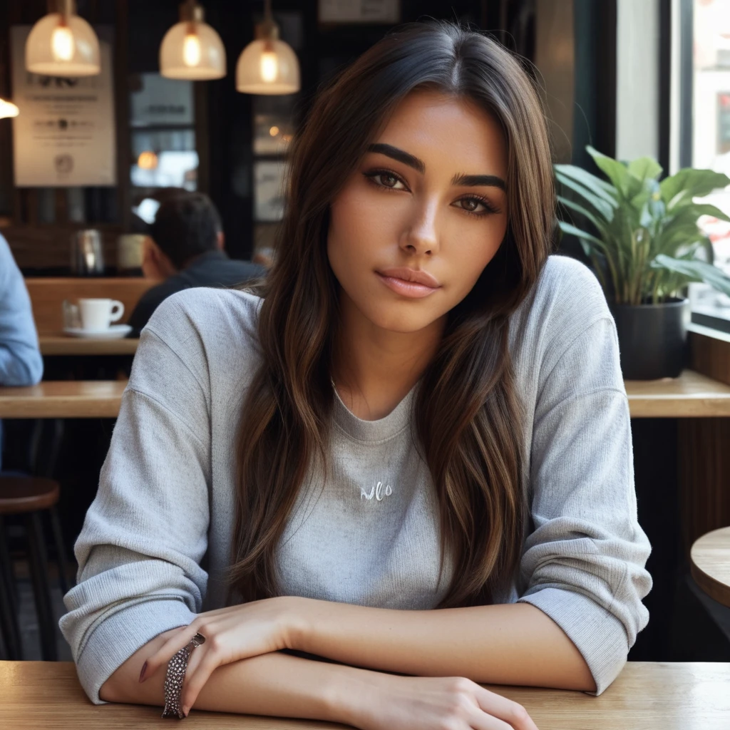 Hyperrealistic art half body photo of a m4d1s0n a woman, wearing a casual outfit, at a cafe, looking at camera,  <lora:madjugvvx2020:.8> . Extremely high-resolution details, photographic, realism pushed to extreme, fine texture, incredibly lifelike