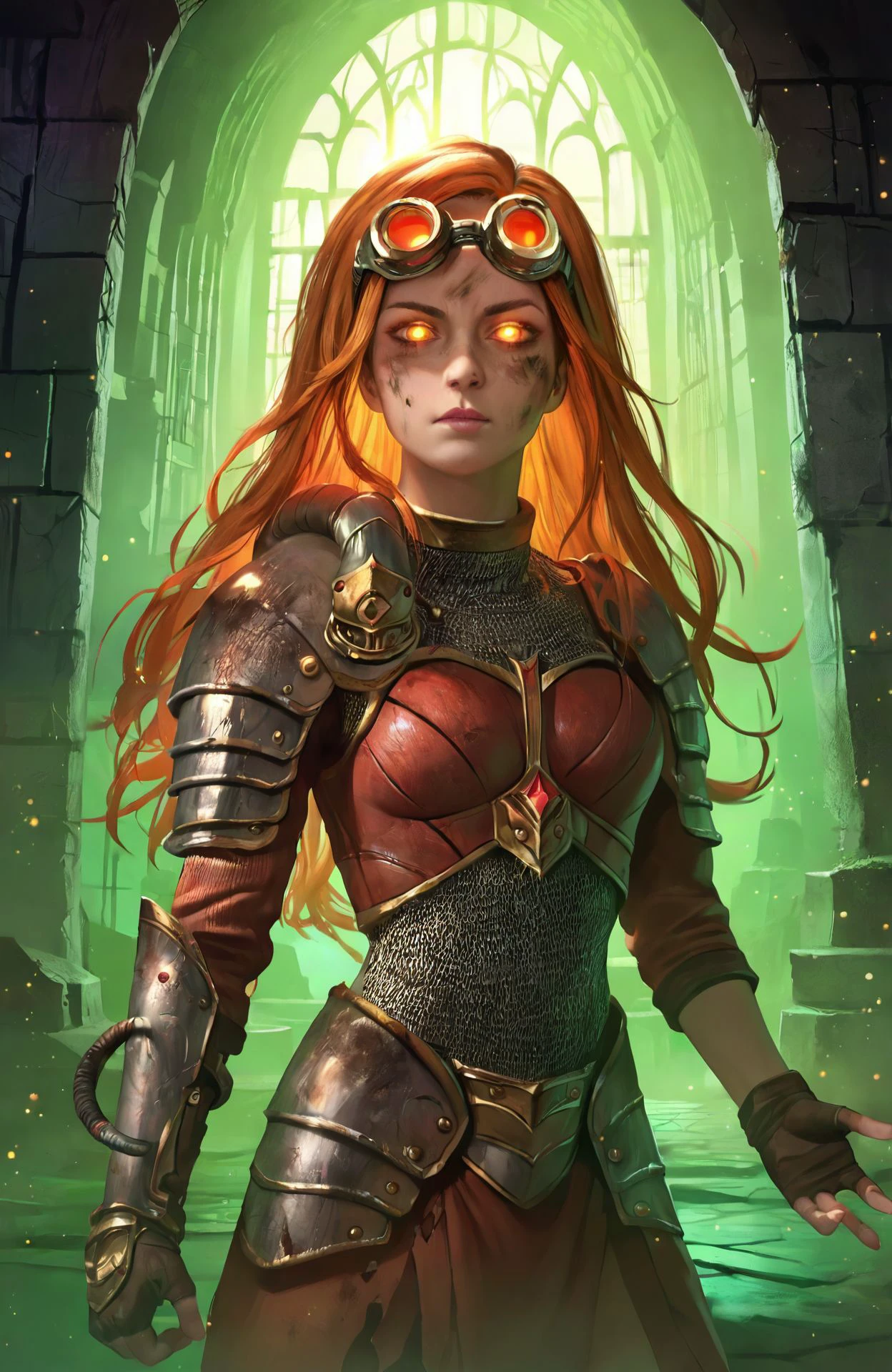 <lora:chandra_pny-9:0.8> 1girl, long hair, orange hair, glowing eyes, goggles on head, from below, fire magic, light particles, armor, indoors, sewer, dirty water, dark environment, green theme, source_cartoon, source_anime, photoshop \(medium\),, score_9, score_8_up, score_7_up, score_6_up, score_5_up, score_4_up, ponypositive,, (masterpiece, perfectly detailed, detailed face, detailed eyes, beautiful eyes), (ultra HD quality details), 8K, extremely detailed, highres