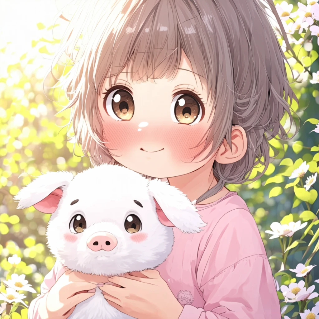 cute style, A delightful anime-style child with large, expressive eyes and rosy cheeks, holding a plush white piglet. The child has tousled hair and is wearing a soft, light pink outfit. The scene is bathed in warm, gentle sunlight, creating a cozy and heartwarming atmosphere.