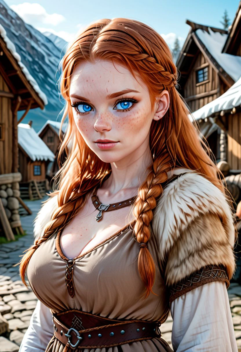 comic style, graphic novels illustration, professional, 4k, highly detailed, outline, Sketch, ((masterpiece)), UHD, HDR, best quality, beautiful woman, pretty eyes, cute, (medium shot), long ((braided)) ginger hair, blue eyes, freckles, busty body, pale skin, outdoor viking village background, (((viking clothes, fur, viking queen, makeup))),