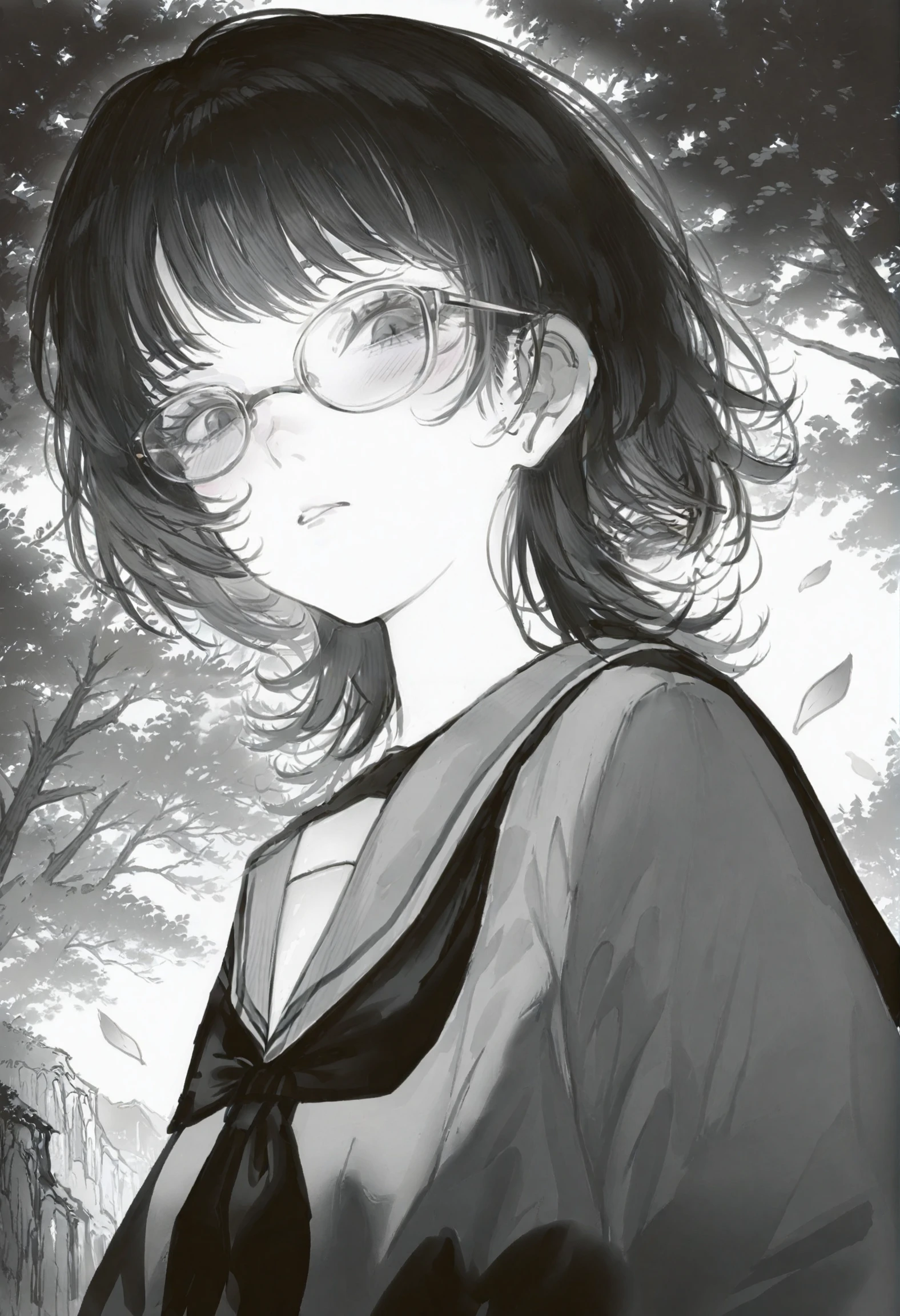1girl,
solo, multicolored hair, maid, outdoors, sky, school uniform, tree, hair behind ear, genderswap \(mtf\), from below, genderswap, cherry tree, ear blush, wind, greyscale, glasses, medium hair, serafuku, monochrome, two-tone hair, parted lips, neckerchief, nose blush, swept bangs, looking at viewer, blush, sailor collar, falling petals, parted bangs, upper body, petals,
masterpiece, best quality
<lora:johnkafkaXLlokr4f-000179:0.95>
