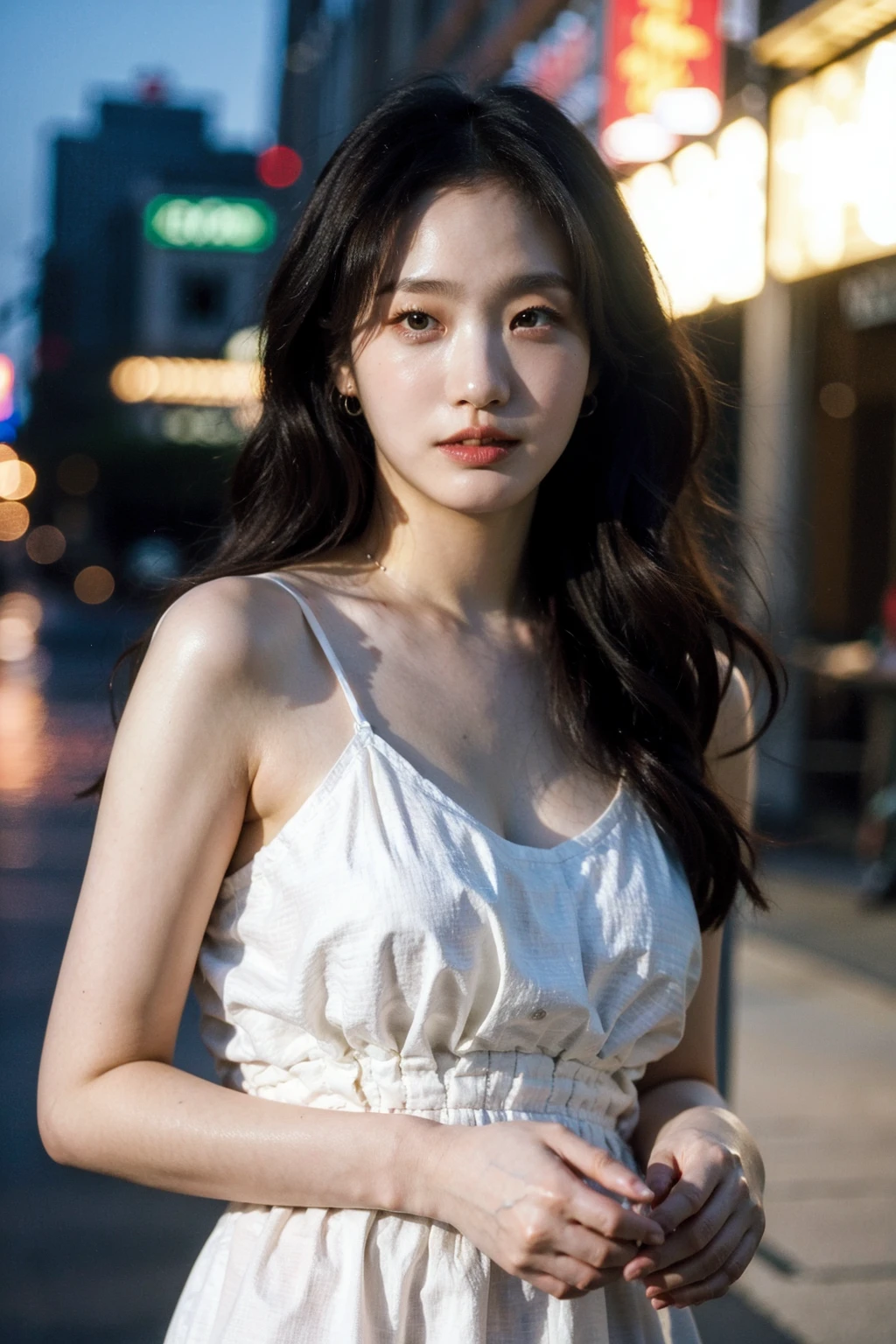 Best quality, masterpiece, ultra high res, (photorealistic), raw photo,1girl, skinny, upper body,solo, realistic, looking at viewer, long hair, bokeh background, city streets,brown eyes, bohemian dress,  <lora:makina69_kimgoeun_v1.0:1>