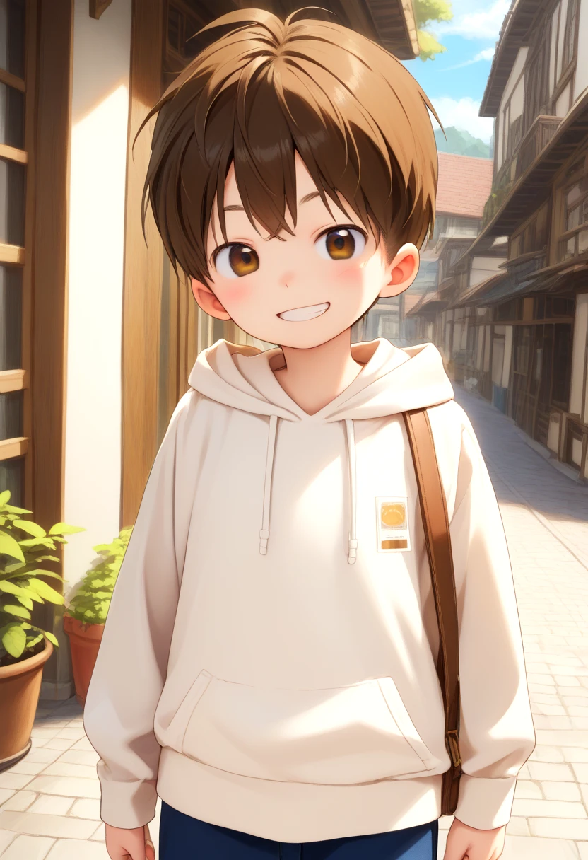 score_9, score_8_up, score_7_up, detailed eyes, village, BREAK
straight on shot, standing,
<lora:cutifiedanimecharacterdesign_variant_type_F_PonyXL_v20:1> 1boy, type-f, chestnut brown hair, chestnut  brown eyes,   petite, young, solo, anime  style, manga style, drawn style, white hoodie,randoseru, aged down, black gakuran above hoodie,
grin