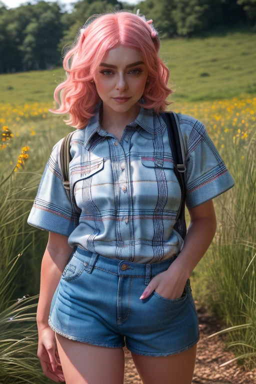 DEN_cherrie_velvet,
(walking through a tallgrass meadow wearing (Jean shorts:1.3) and (plaid shirt:1.3), meadow, wild, overgrown, walking,:1.2), bokeh, f1.4, 40mm, photorealistic, raw, 8k, textured skin, skin pores, intricate details <lora:epi_noiseoffset2:1>, epiCRealism <lora:ClothingAdjuster3:-1>