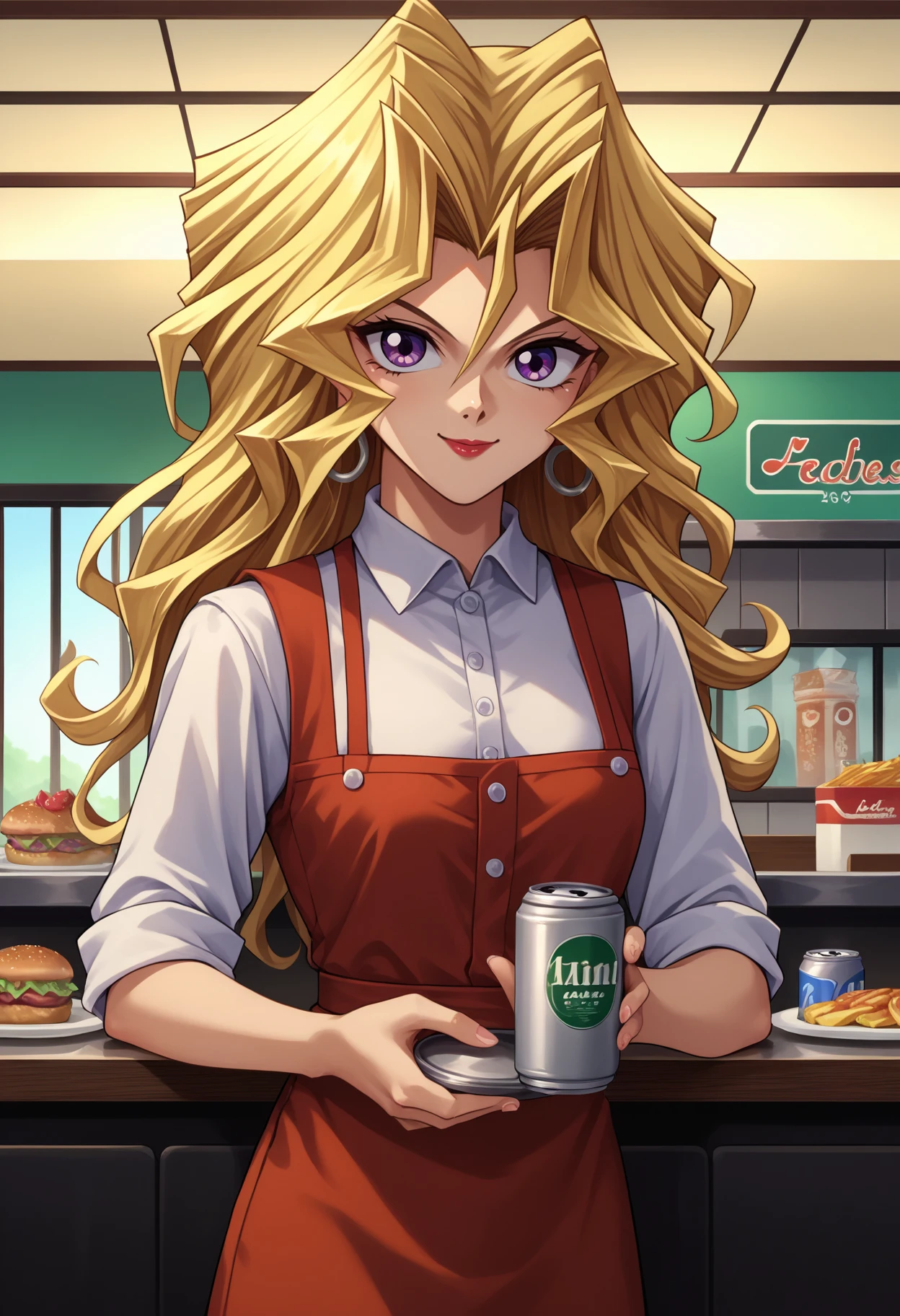 score_9, score_8_up,score_7_up, source_anime, rating_safe, 1girl, solo, <lora:EPygKujakuMai:1>, EPygKujakuMai, purple eyes, blonde hair, long hair, wavy hair, hair between eyes, hair intakes, hoop earrings, red lips,  indoors, diner, holding, coffee can, waitress, tray, serving, standing, smile