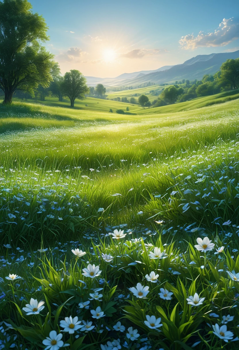 (ultra high res:1.4), (masterpiece:1.4), (beautiful lighting:1.4), Beautiful landscape with green meadows and white flowers, clear blue sky