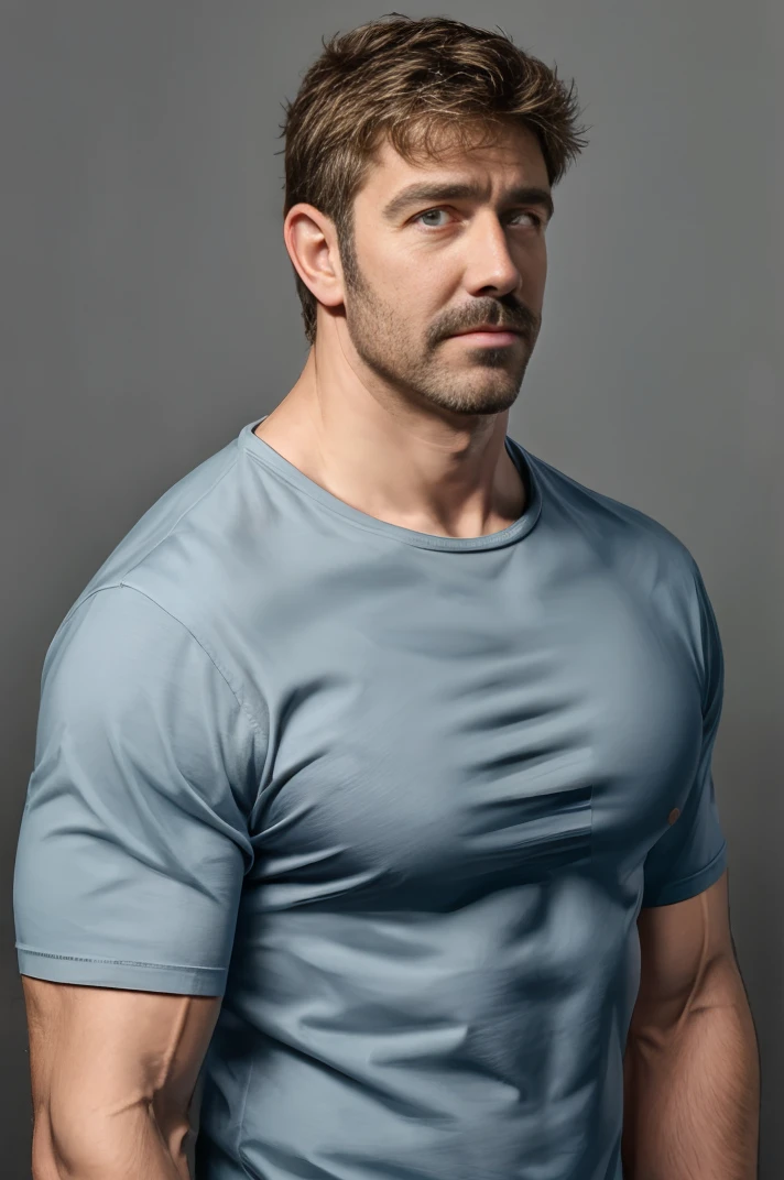 absurdres, <lora:Johness1999:0.85>, johness, tareme, (muscular male:1.1), upper body, blue shirt, grey background