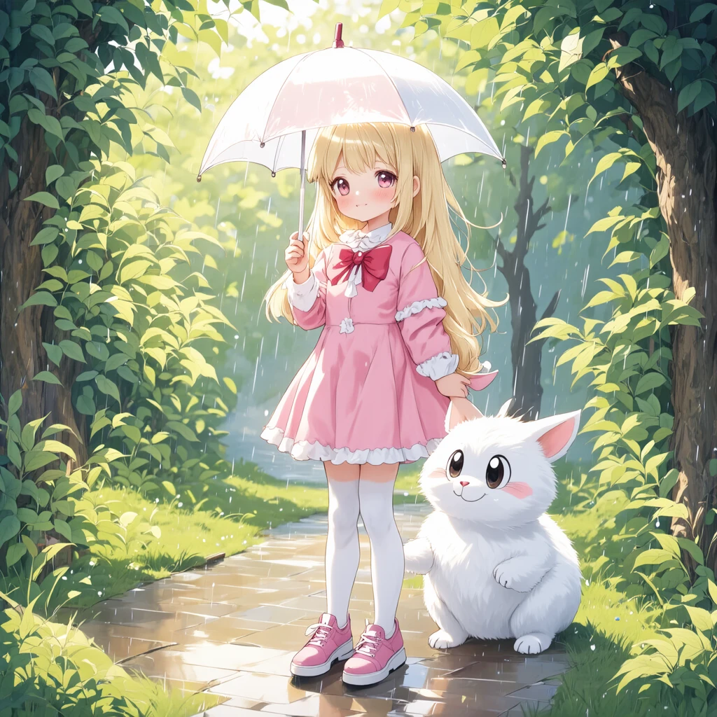 cute style,A cute anime-style girl with light blonde hair and pink cheeks, wearing a pink dress, a red bow, white stockings, and pink shoes. She is holding a transparent umbrella and standing on a rainy path with greenery on both sides. Beside her is a cute, round, white creature with large eyes and a happy expression. The scene has a whimsical, dreamy feel with soft lighting and a slightly dark, misty background.