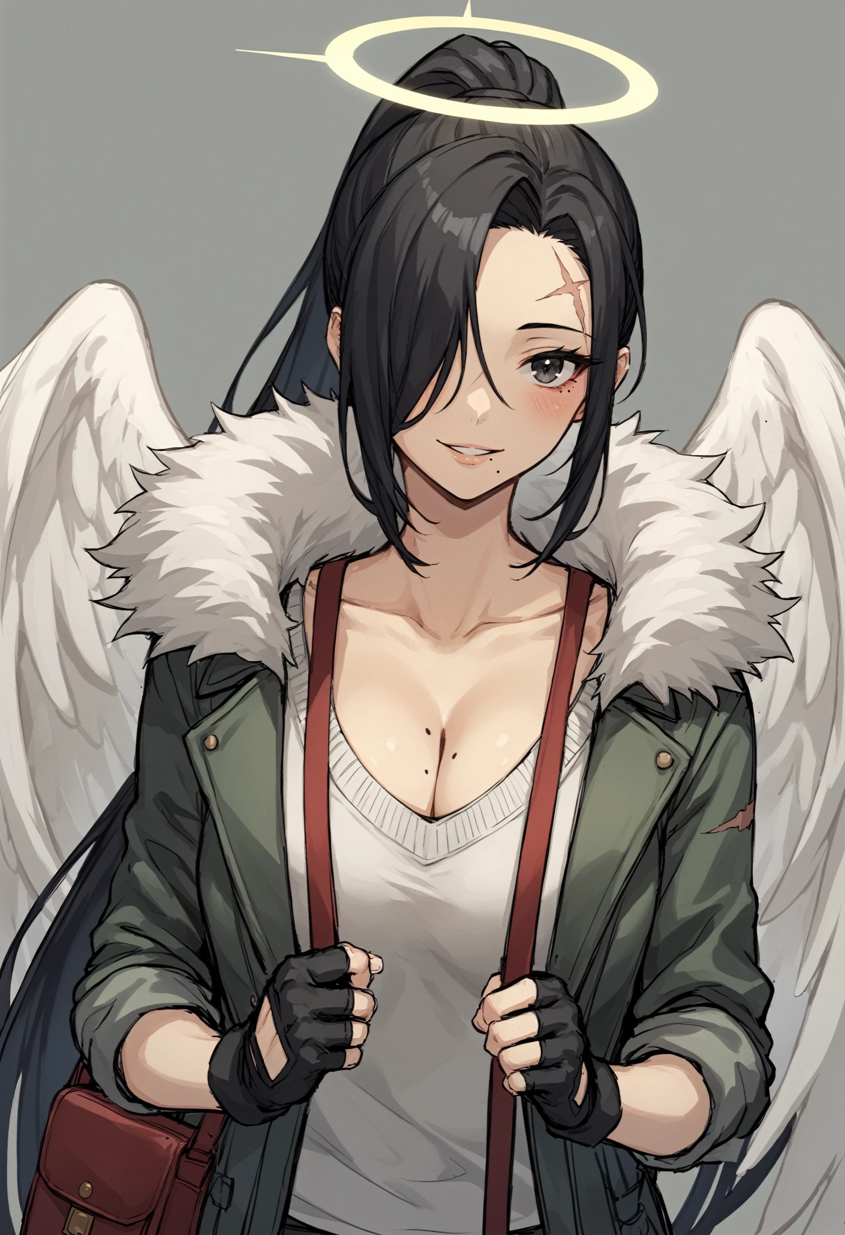 score_9, score_8_up, score_7_up, BREAK
1girl, upper body, bag, scarf, mole, alternate costume, black hair, jacket, sketch, collarbone, mole on breast, blush, smile, looking at viewer, scar on forehead, shoulder bag, scar, scar on face, halo, holding strap, parted bangs, fingerless gloves, parted lips, very long hair, long hair, mole under mouth, gloves, sweater jacket, mole under eye, hair over one eye, fur trim, partially colored, black gloves, ponytail, wings, eyelashes, long eyelashes, cleavage
