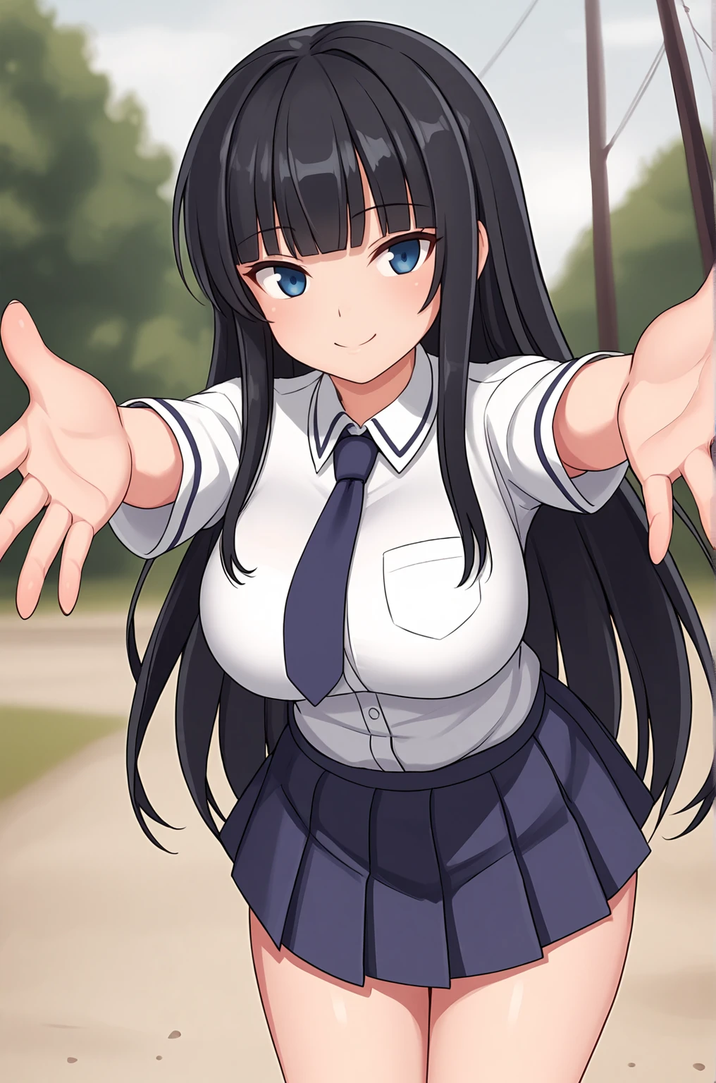 anime artwork, score_9, score_8_up, score_7_up, source_anime, BREAK, thick outline, fat outline,
Ikaruga_XL, long black hair, blunt bangs, hime cut, dark blue eyes, large breasts, BREAK, Ikaruga_School, school uniform, blue necktie, white buttoned shirt, pleated skirt, BREAK, outdoors, leaning forward, outstretched arms, going to hug, looking at viewer, (fingers focus:1.3), palms in focus,
<lora:Ikaruga_XL:0.7>
<lora:PersonalAmi_PonyXL:1.0>