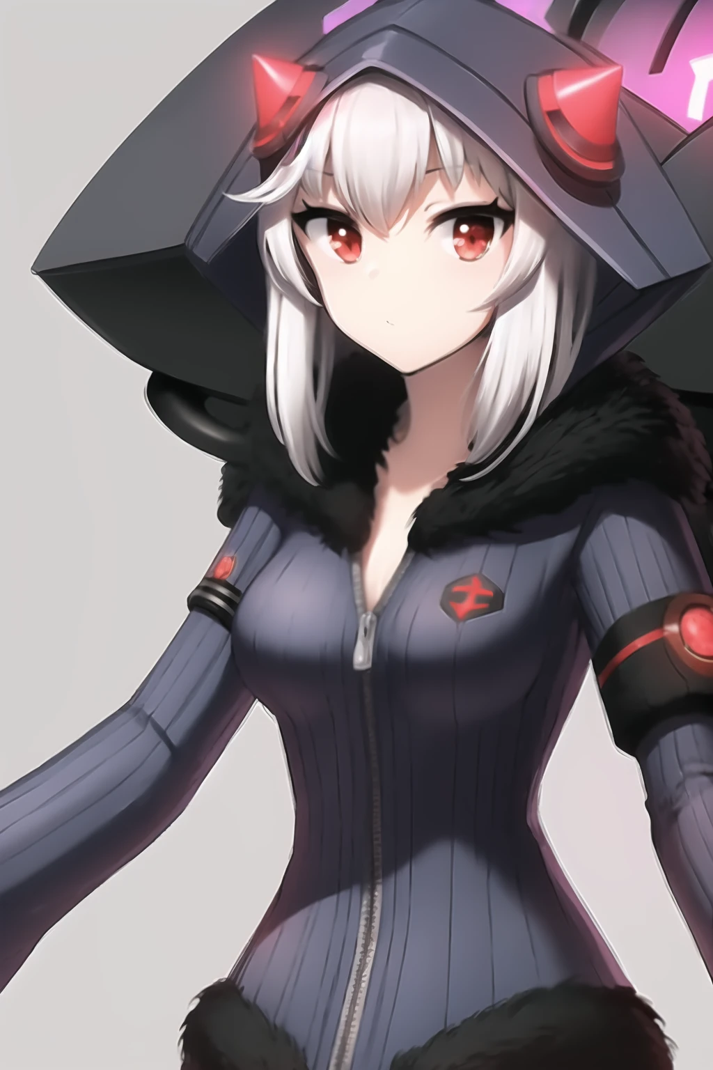 1girl,solo,<lora:MO-Libra:1>,Mentalomega,libra,white hair,red eyes,hood,cowboy shot,