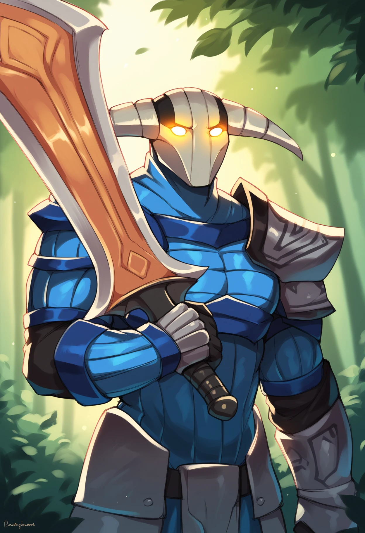 score_9, score_8_up, score_7_up, score_6_up, score_5_up, score_4_up, BREAK,  1boy, svenpdxl, mask, male, armor, shoulder armor, gloves, sword, holding sword, upper body, glowing eyes, forest, <lora:SvenTheRogueKnight:0.8> <lora:PersonalAmi_PonyXL:1>